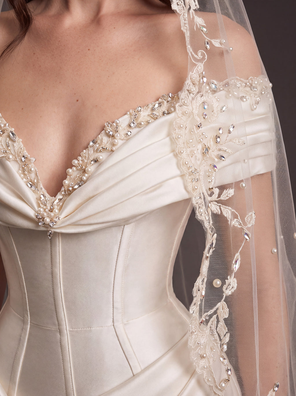 Pearl White Satin Corset Wedding Dress – Off-Shoulder Draped Mermaid Bridal Gown with Crystal Neckline and Embroidered Cathedral Veil