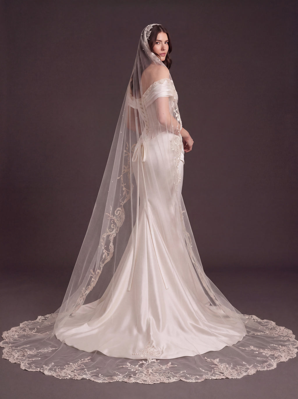 Pearl White Satin Corset Wedding Dress – Off-Shoulder Draped Mermaid Bridal Gown with Crystal Neckline and Embroidered Cathedral Veil