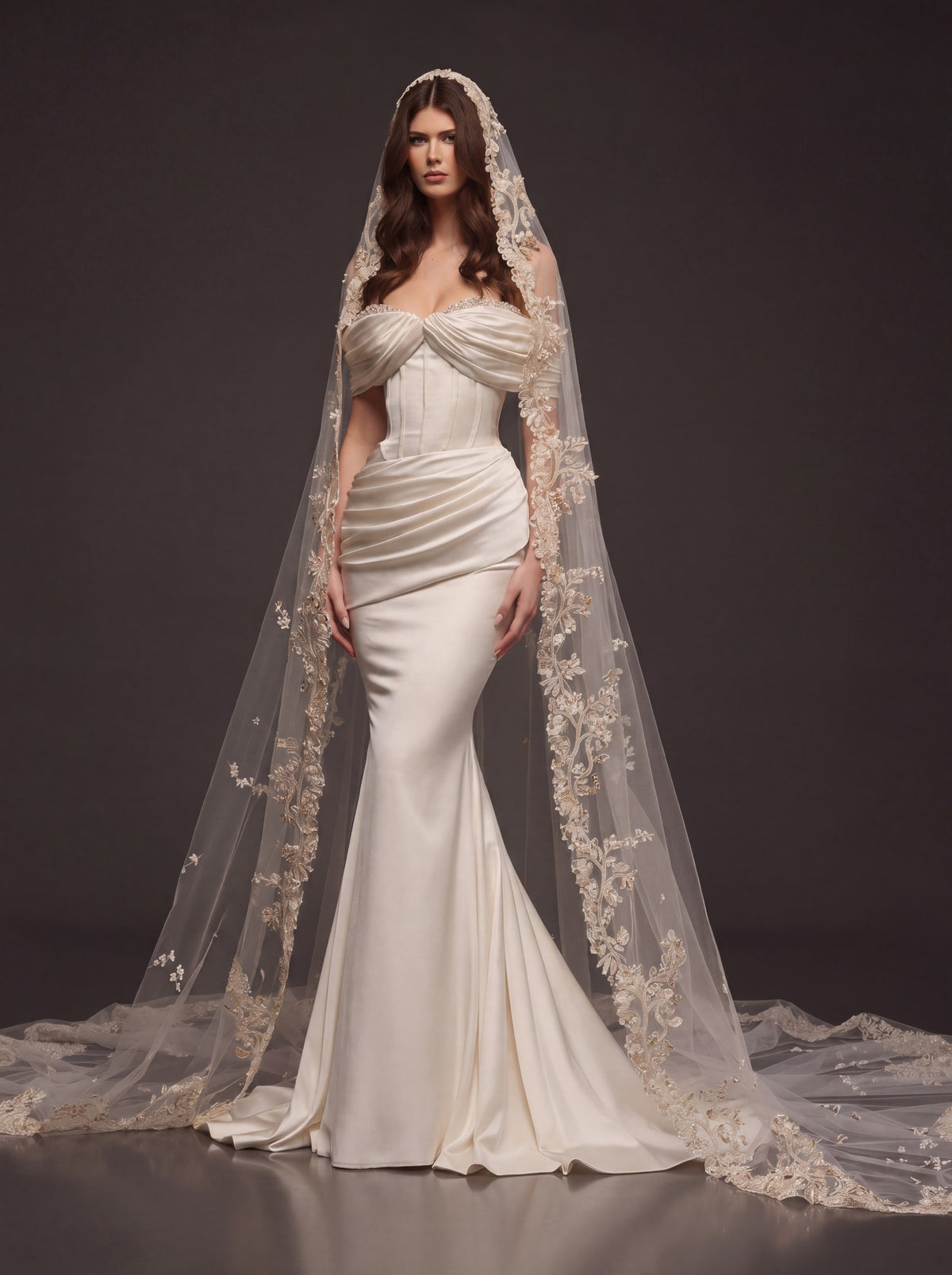 Champagne Pearl Satin Mermaid Wedding Dress – Draped Off-Shoulder Corset Bridal Gown with Floral Embroidered Cathedral Veil