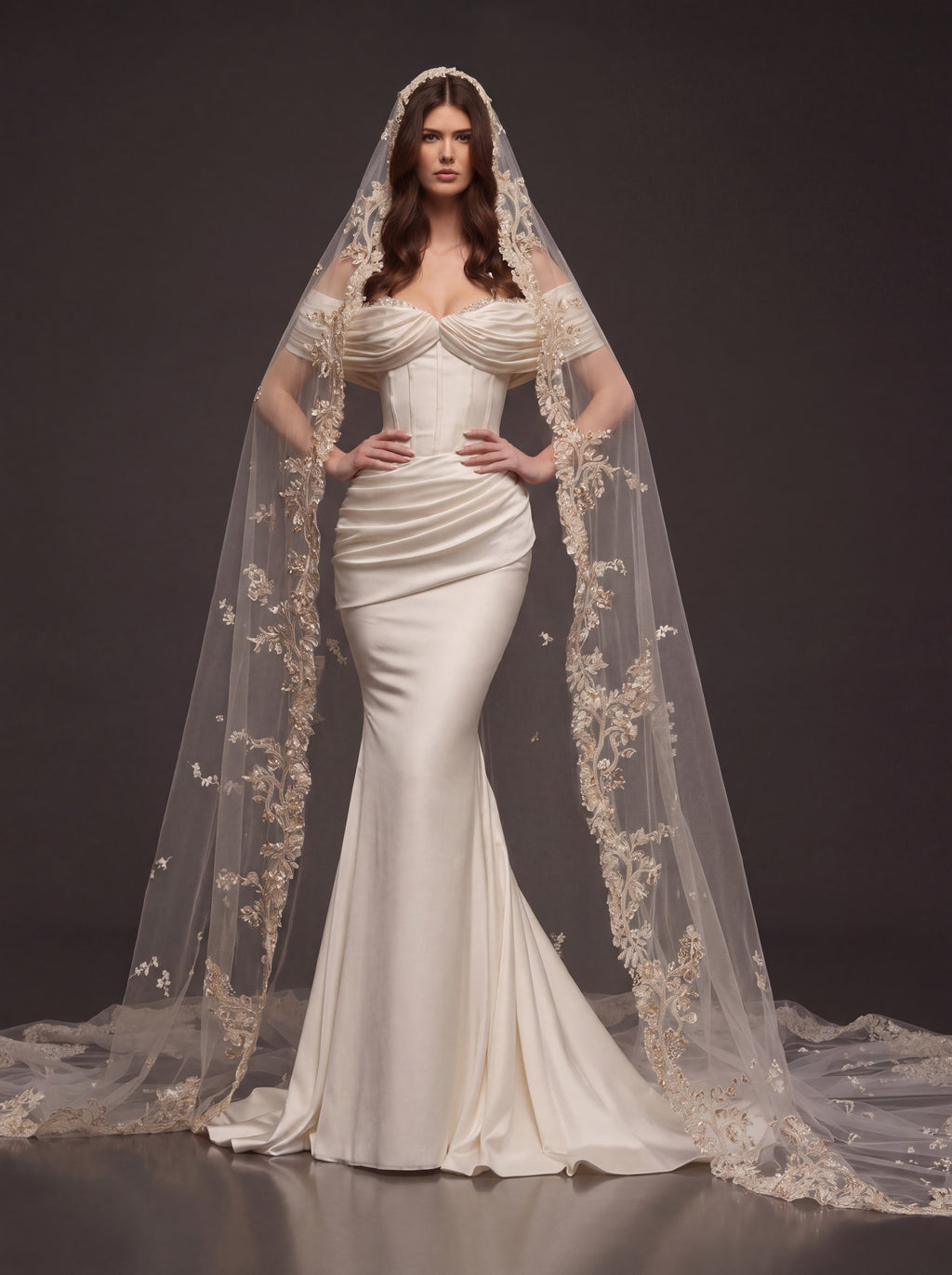 Champagne Pearl Satin Mermaid Wedding Dress – Draped Off-Shoulder Corset Bridal Gown with Floral Embroidered Cathedral Veil