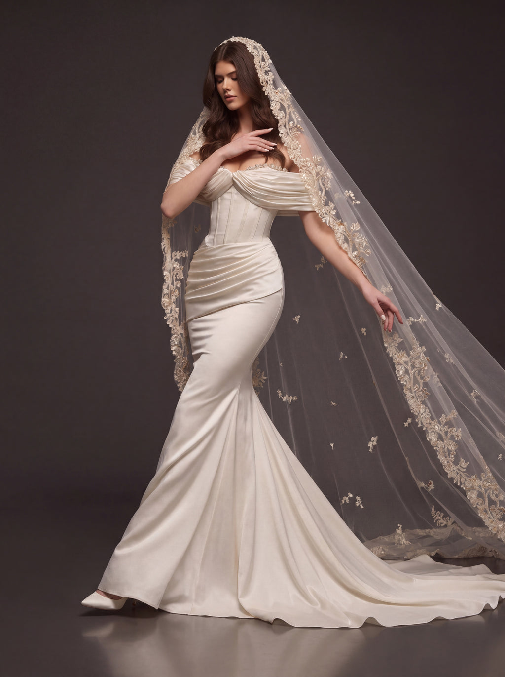 Champagne Pearl Satin Mermaid Wedding Dress – Draped Off-Shoulder Corset Bridal Gown with Floral Embroidered Cathedral Veil