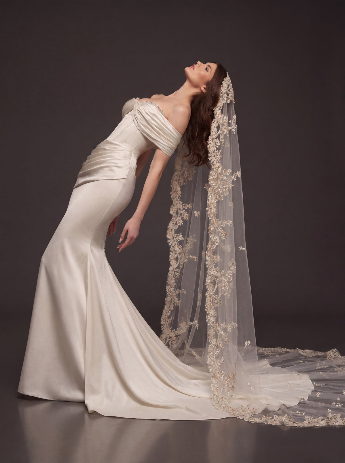 Champagne Pearl Satin Mermaid Wedding Dress – Draped Off-Shoulder Corset Bridal Gown with Floral Embroidered Cathedral Veil