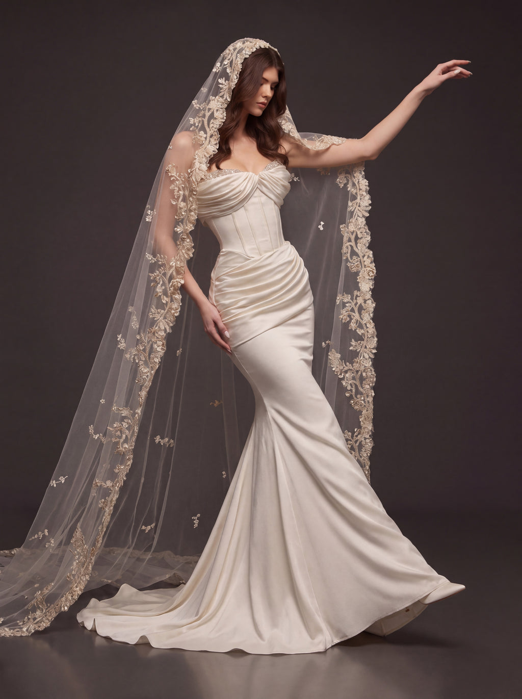 Champagne Pearl Satin Mermaid Wedding Dress – Draped Off-Shoulder Corset Bridal Gown with Floral Embroidered Cathedral Veil