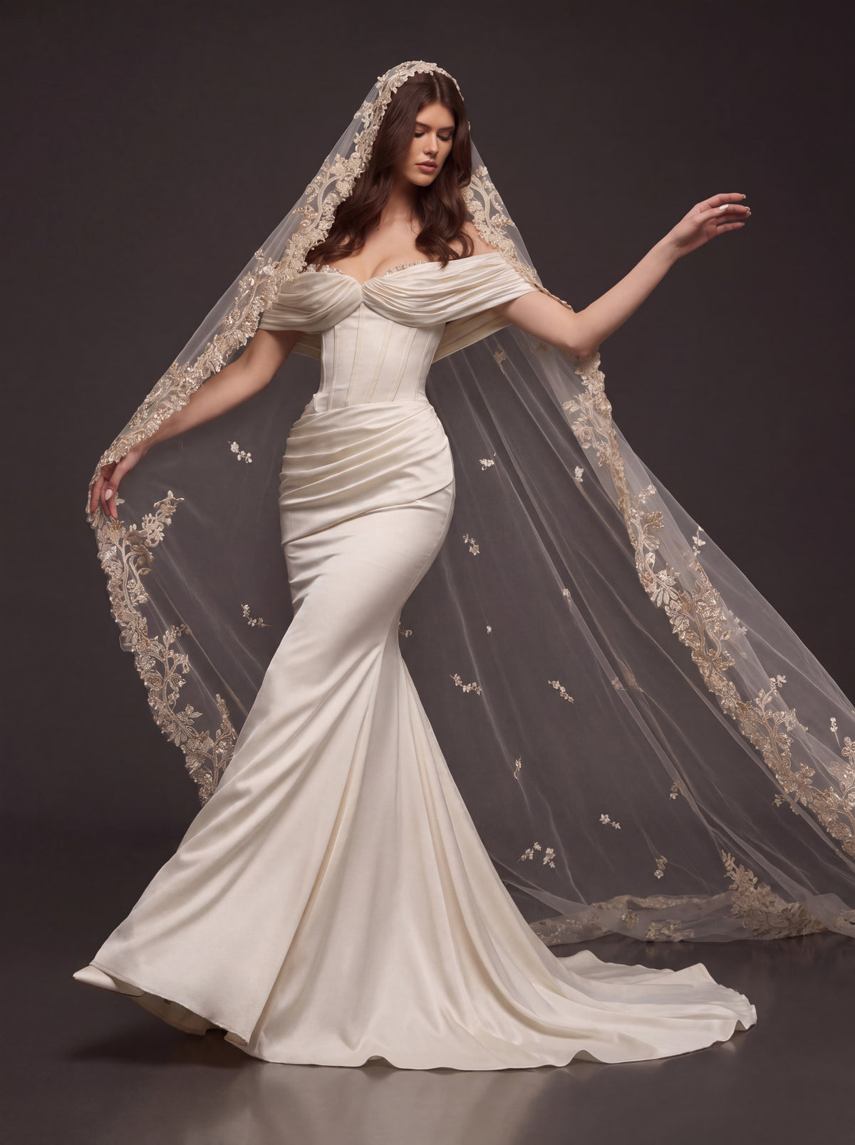 Champagne Pearl Satin Mermaid Wedding Dress – Draped Off-Shoulder Corset Bridal Gown with Floral Embroidered Cathedral Veil