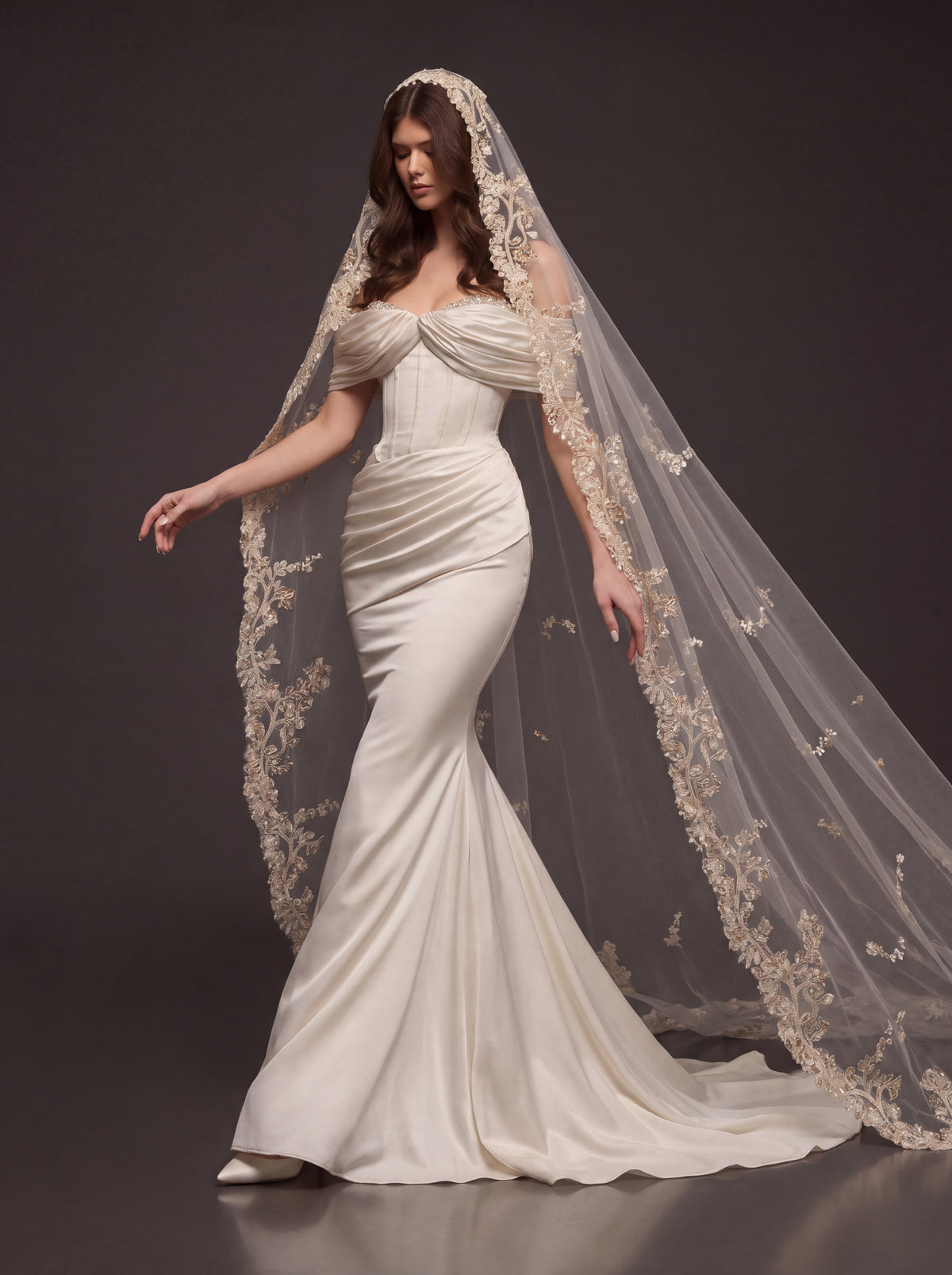 Champagne Pearl Satin Mermaid Wedding Dress – Draped Off-Shoulder Corset Bridal Gown with Floral Embroidered Cathedral Veil