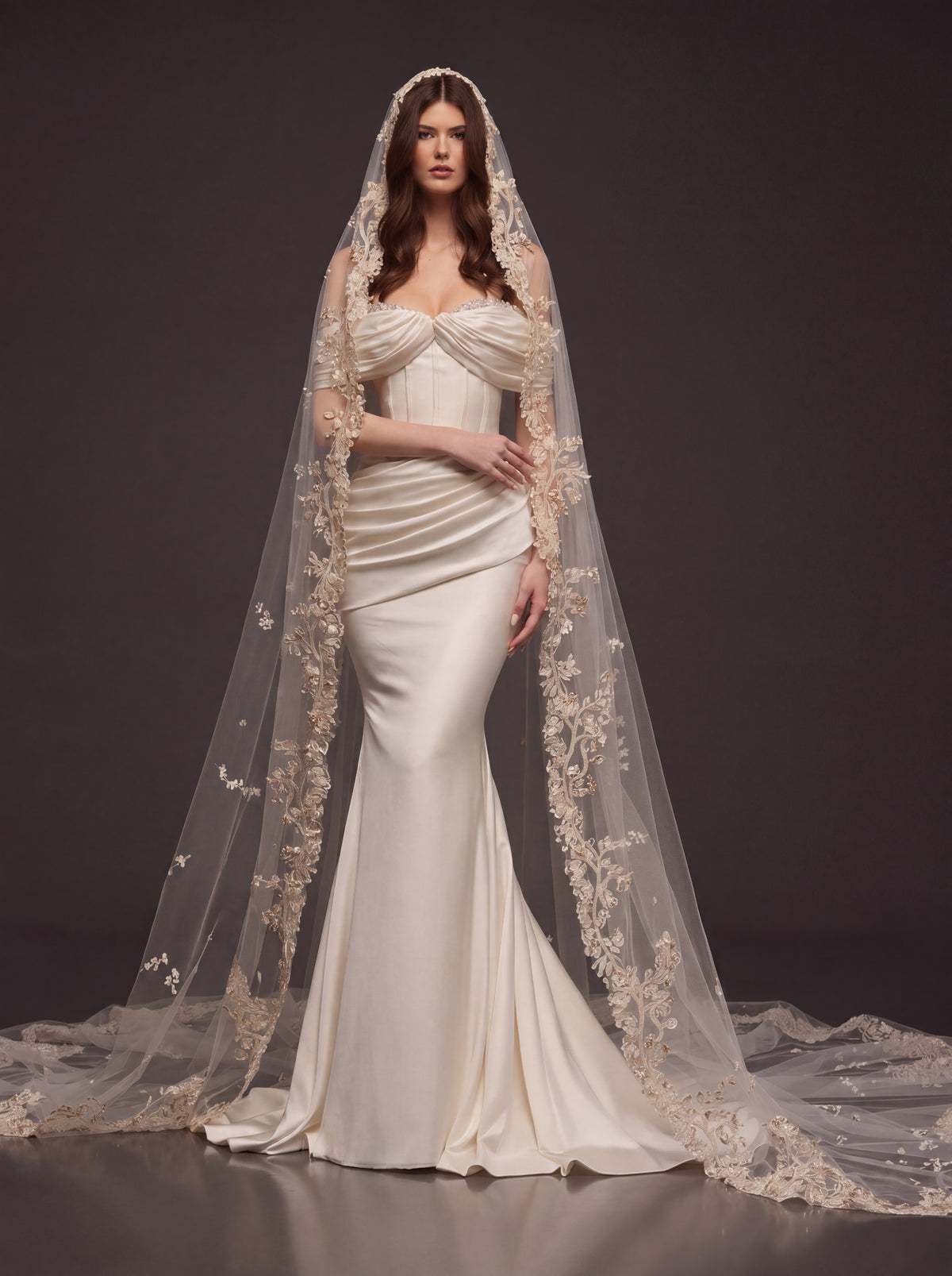 Champagne Pearl Satin Mermaid Wedding Dress – Draped Off-Shoulder Corset Bridal Gown with Floral Embroidered Cathedral Veil