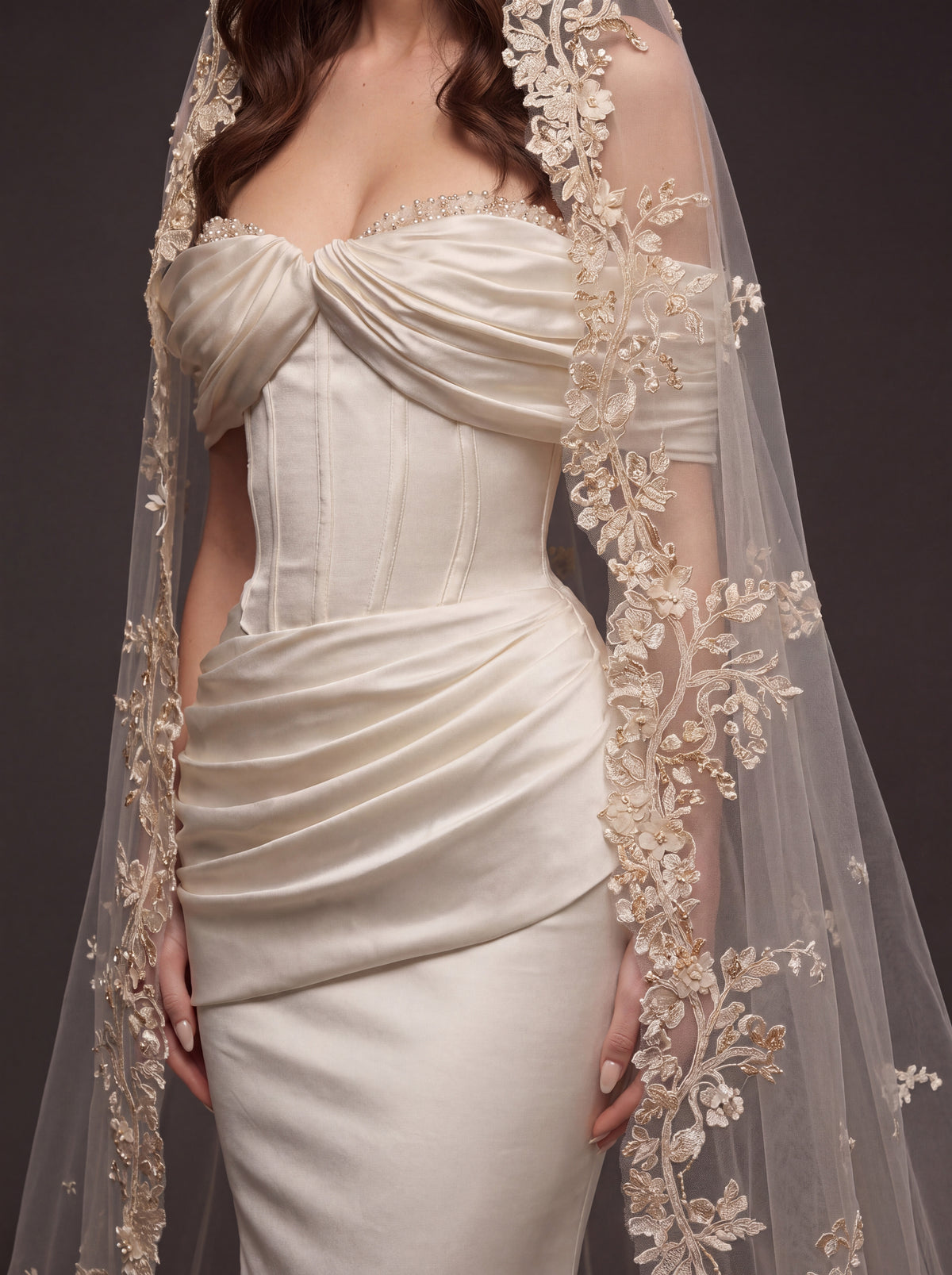 Champagne Pearl Satin Mermaid Wedding Dress – Draped Off-Shoulder Corset Bridal Gown with Floral Embroidered Cathedral Veil
