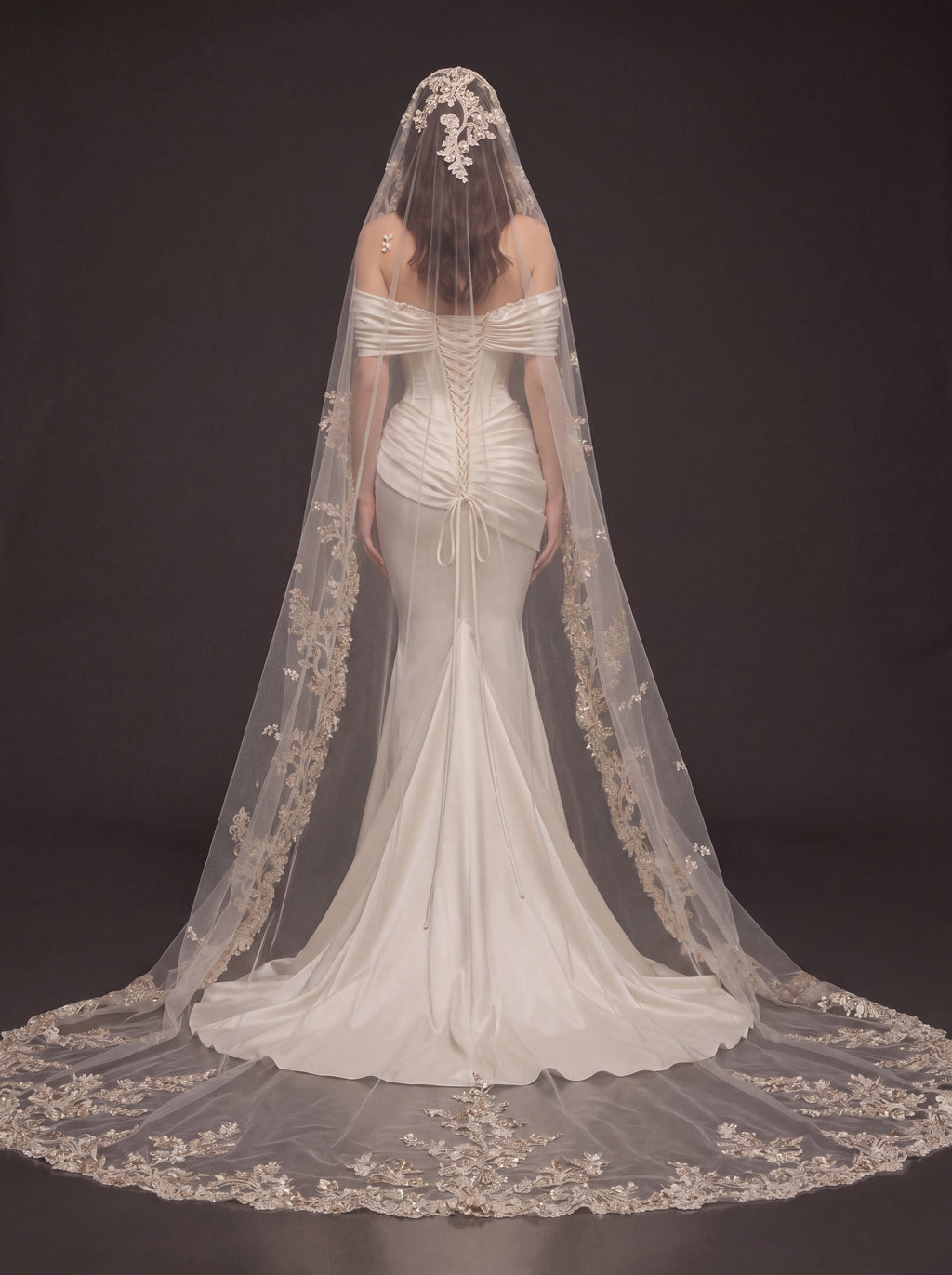 Champagne Pearl Satin Mermaid Wedding Dress – Draped Off-Shoulder Corset Bridal Gown with Floral Embroidered Cathedral Veil