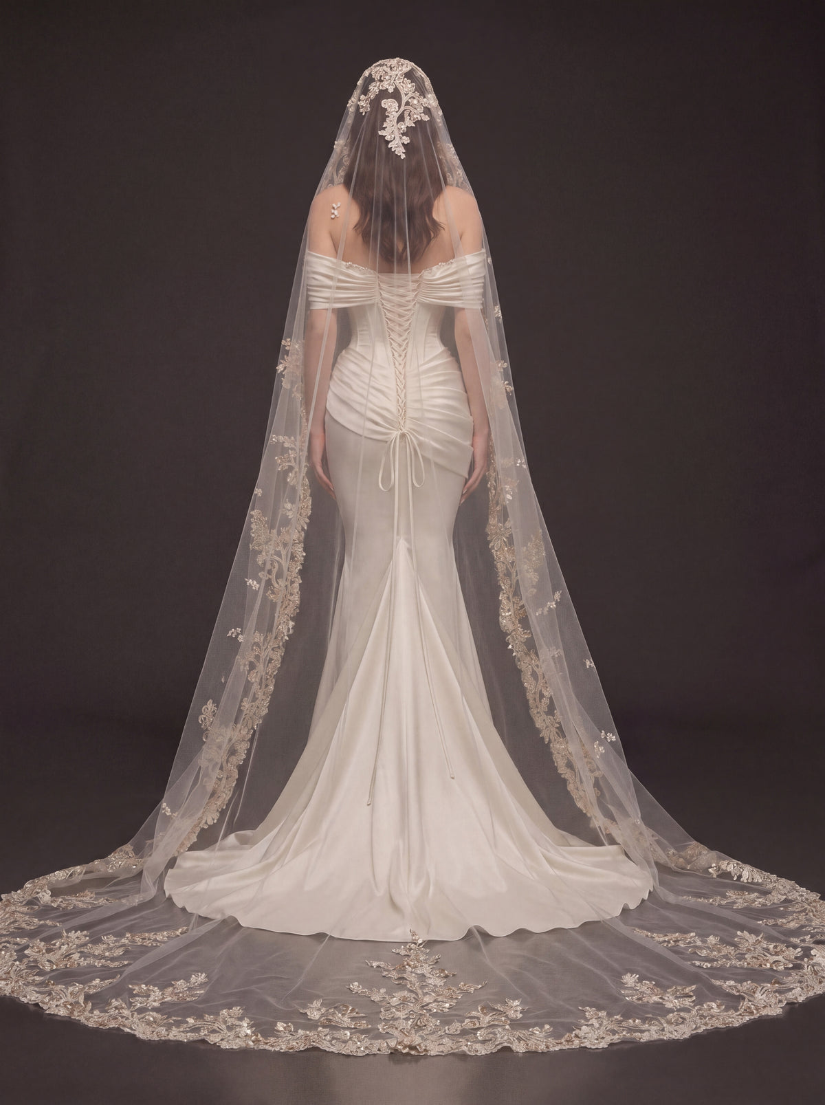 Champagne Pearl Satin Mermaid Wedding Dress – Draped Off-Shoulder Corset Bridal Gown with Floral Embroidered Cathedral Veil