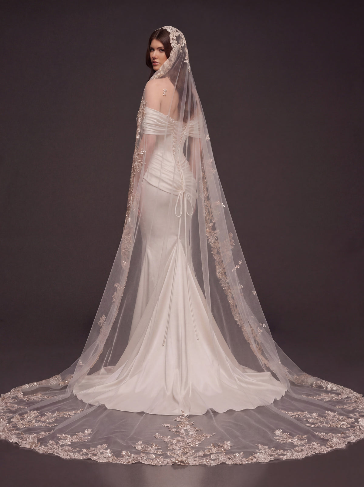Champagne Pearl Satin Mermaid Wedding Dress – Draped Off-Shoulder Corset Bridal Gown with Floral Embroidered Cathedral Veil