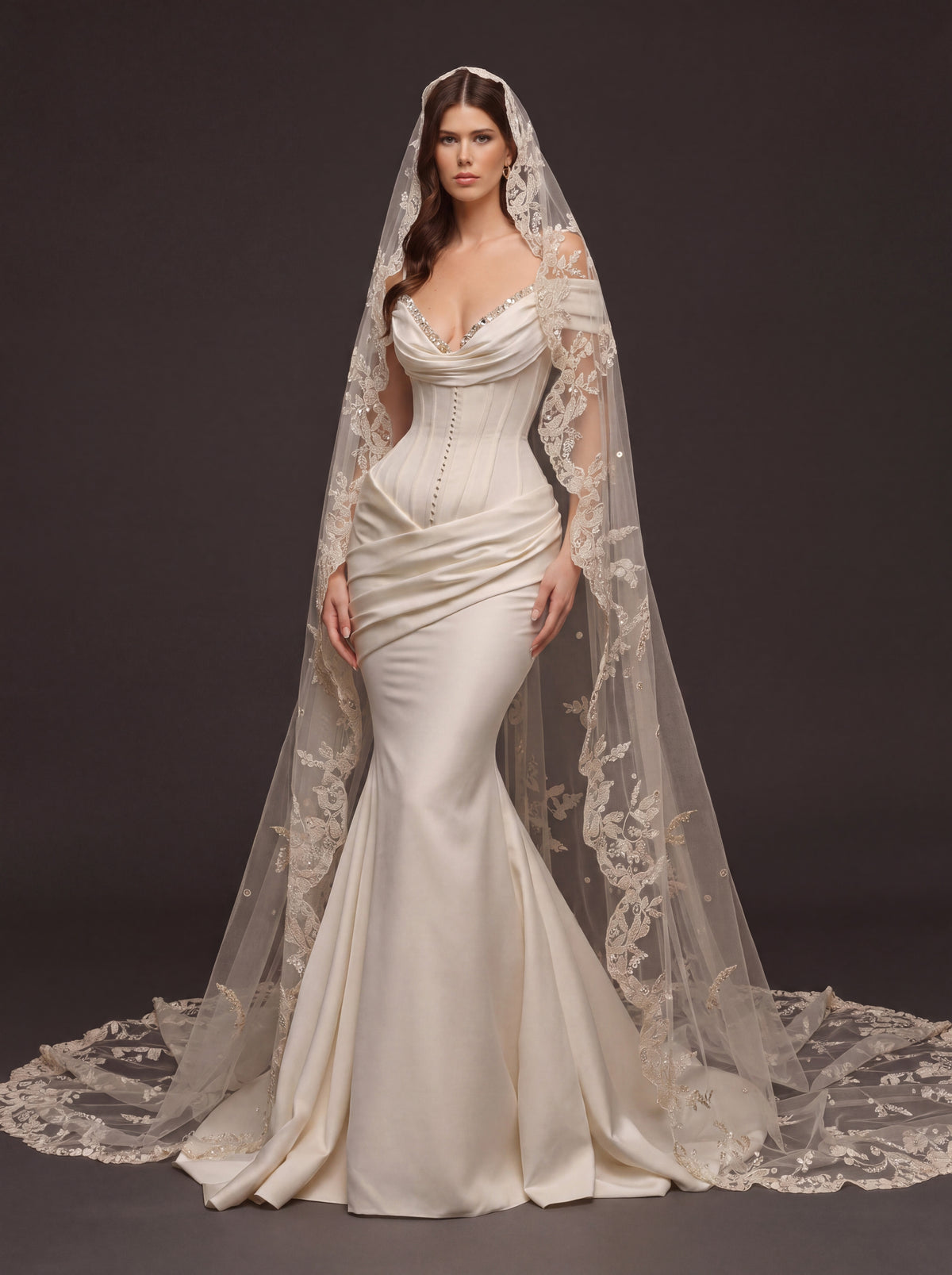 Pearl Button Satin Mermaid Bridal Gown – Draped Sweetheart Neckline, Sculpted Corset Waist & Floral Lace Cathedral Veil