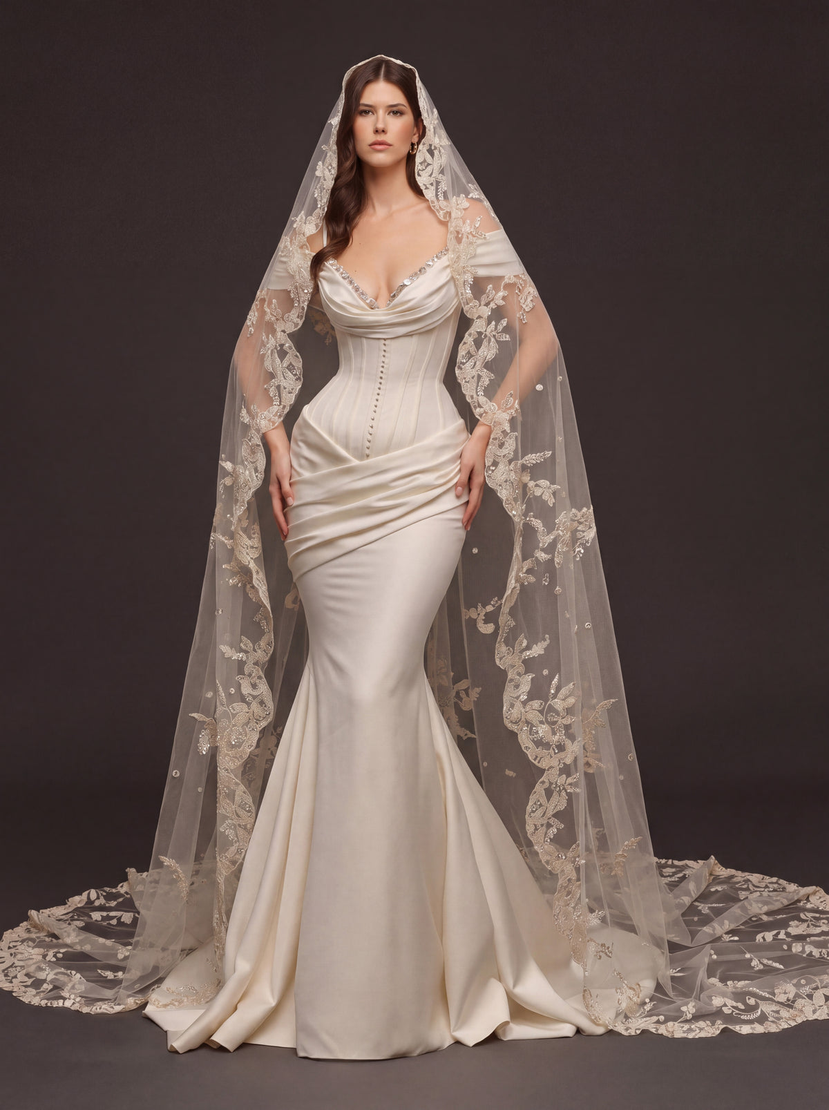Pearl Button Satin Mermaid Bridal Gown – Draped Sweetheart Neckline, Sculpted Corset Waist & Floral Lace Cathedral Veil