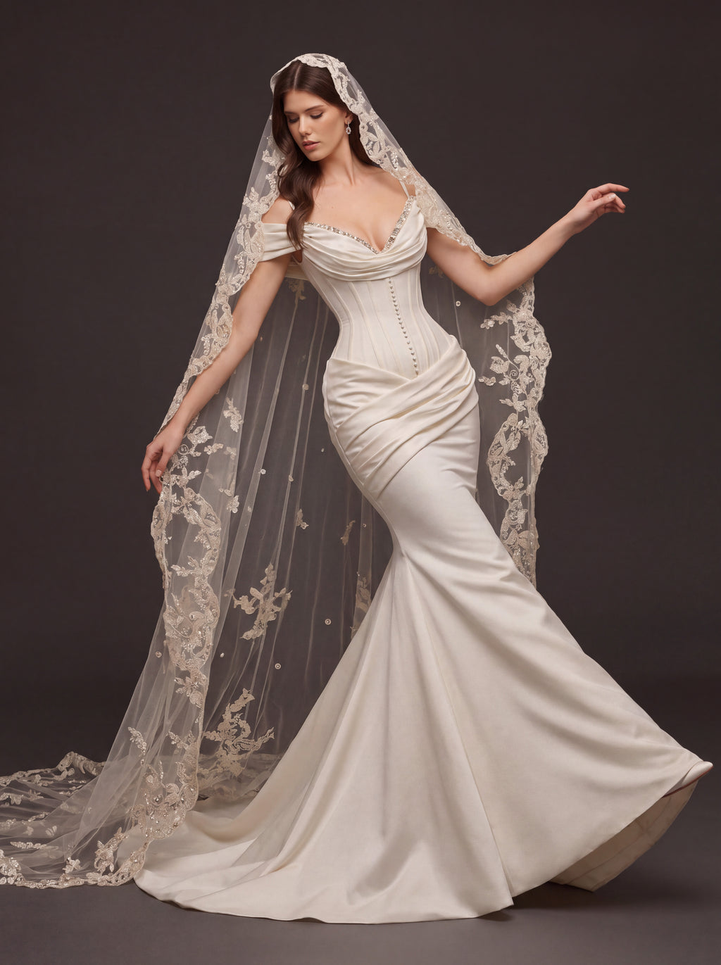 Pearl Button Satin Mermaid Bridal Gown – Draped Sweetheart Neckline, Sculpted Corset Waist & Floral Lace Cathedral Veil
