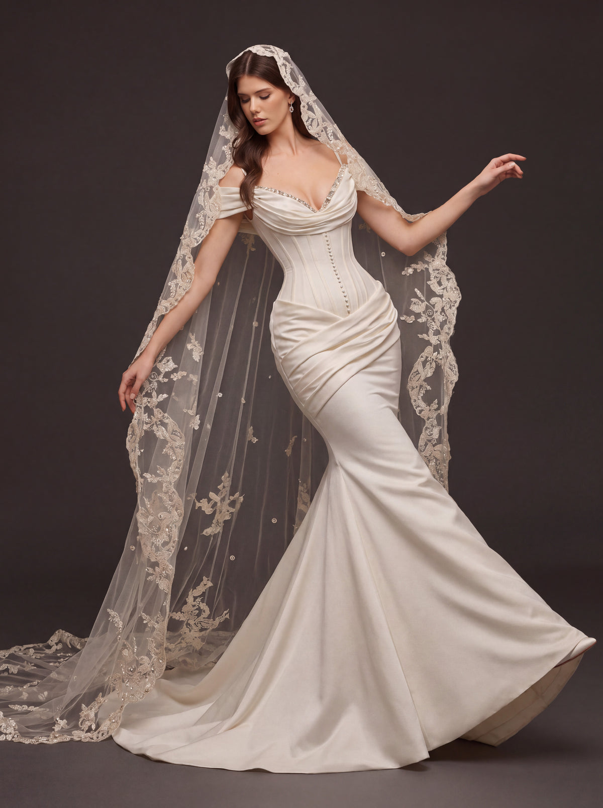 Pearl Button Satin Mermaid Bridal Gown – Draped Sweetheart Neckline, Sculpted Corset Waist & Floral Lace Cathedral Veil