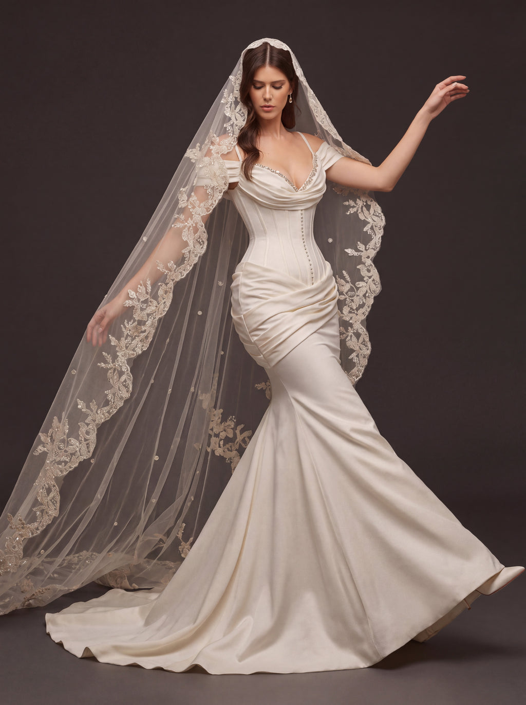 Pearl Button Satin Mermaid Bridal Gown – Draped Sweetheart Neckline, Sculpted Corset Waist & Floral Lace Cathedral Veil
