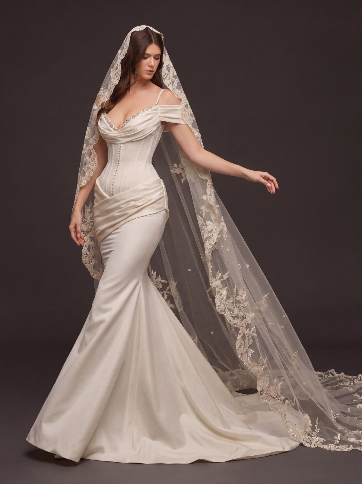 Pearl Button Satin Mermaid Bridal Gown – Draped Sweetheart Neckline, Sculpted Corset Waist & Floral Lace Cathedral Veil