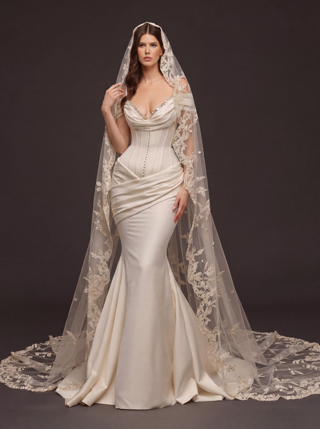Pearl Button Satin Mermaid Bridal Gown – Draped Sweetheart Neckline, Sculpted Corset Waist & Floral Lace Cathedral Veil