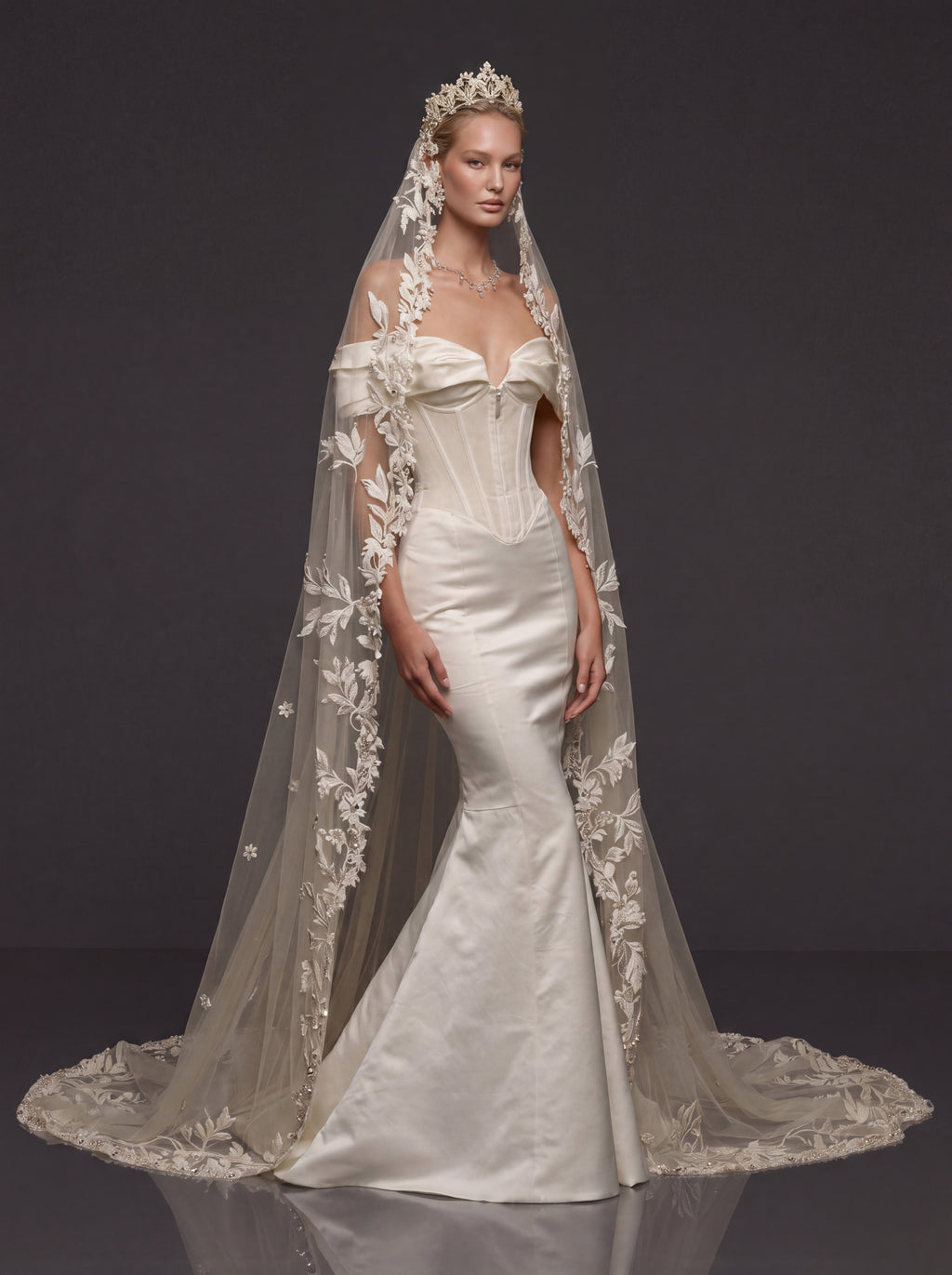 Off-Shoulder Sweetheart Corset & Botanical Lace Cathedral Veil – Sculpted Basque Waist Satin Mermaid Wedding Dress