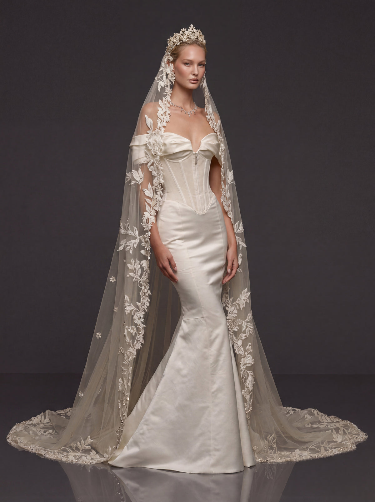 Off-Shoulder Sweetheart Corset & Botanical Lace Cathedral Veil – Sculpted Basque Waist Satin Mermaid Wedding Dress