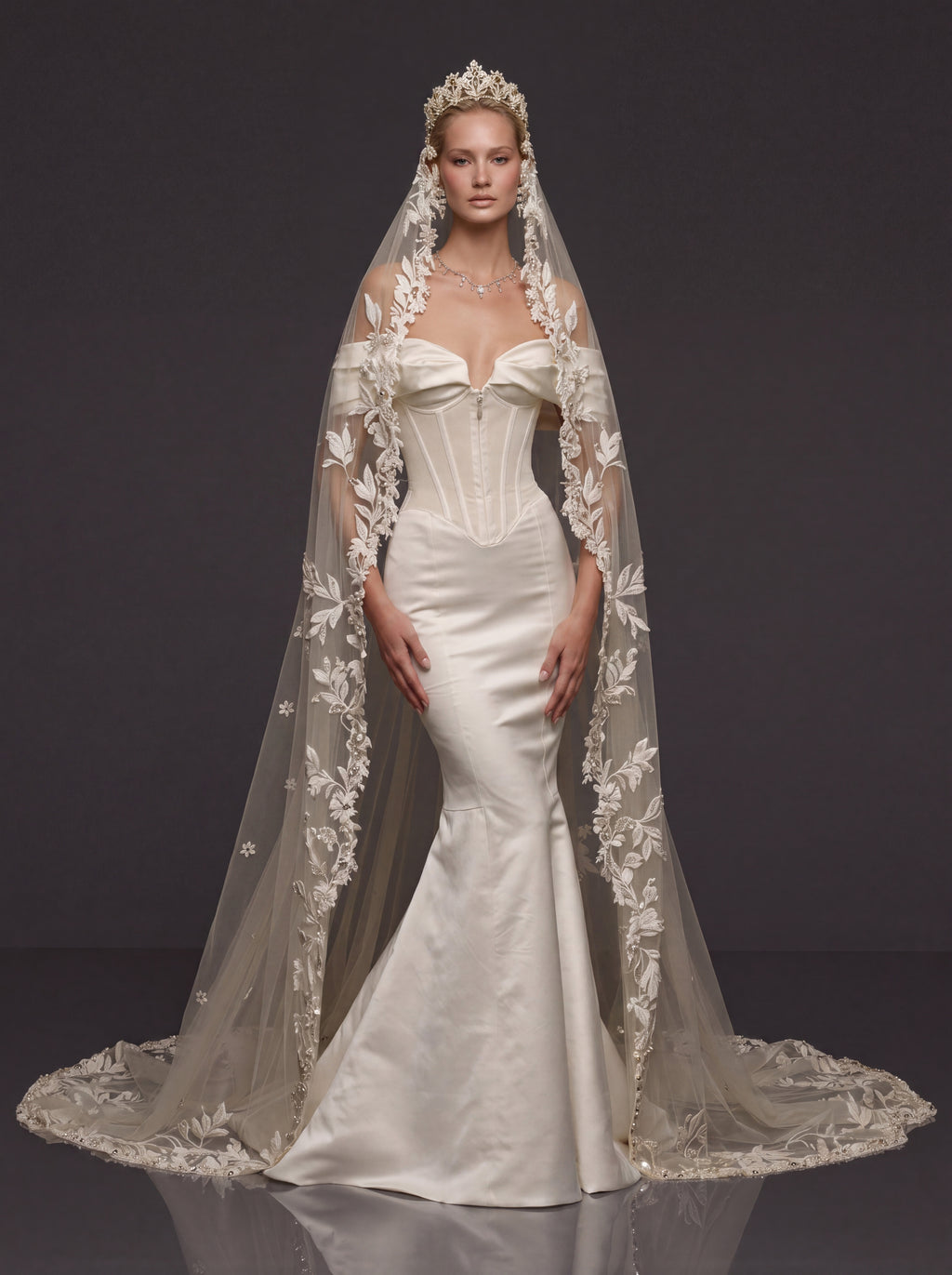 Off-Shoulder Sweetheart Corset & Botanical Lace Cathedral Veil – Sculpted Basque Waist Satin Mermaid Wedding Dress