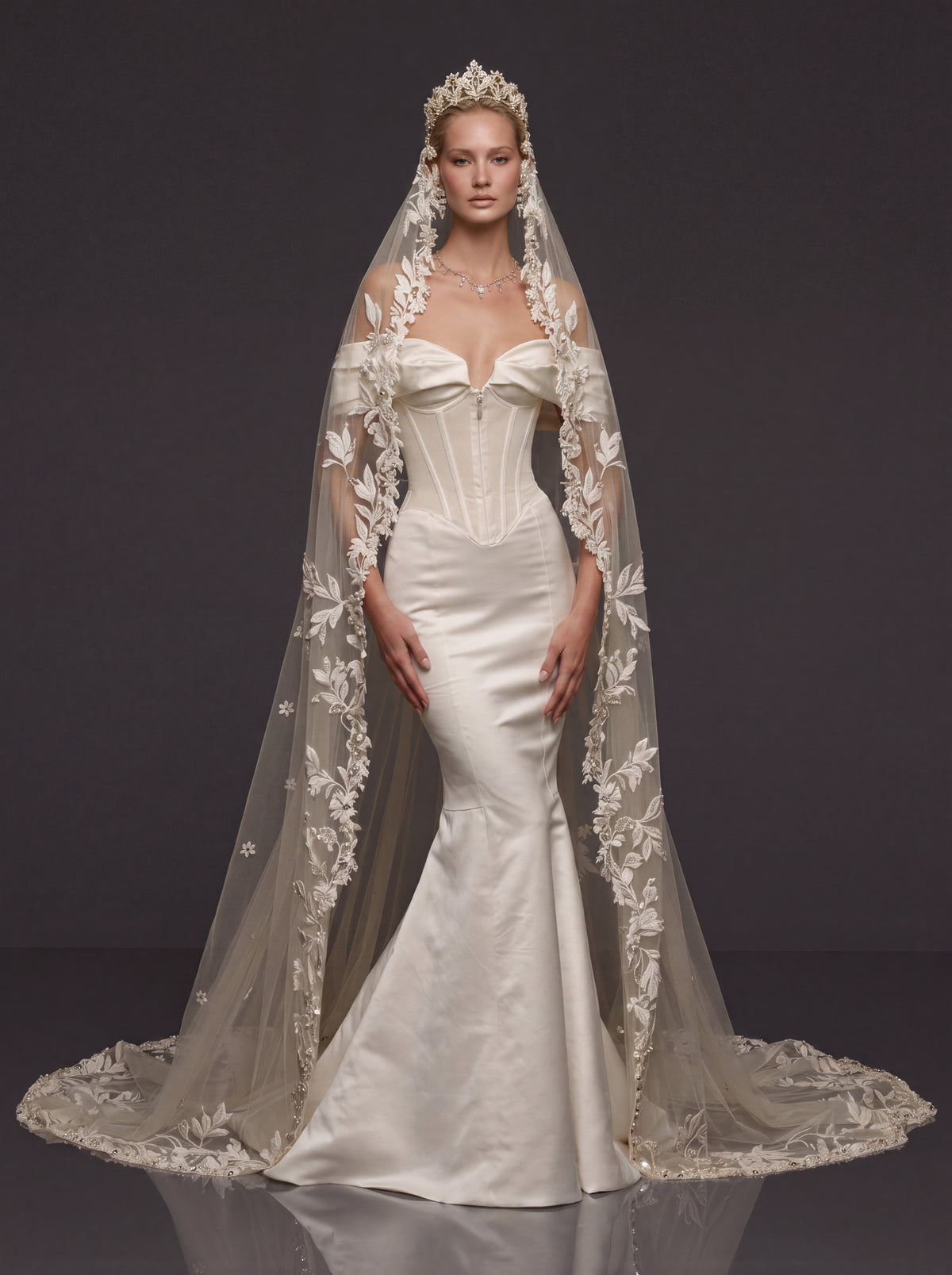 Off-Shoulder Sweetheart Corset & Botanical Lace Cathedral Veil – Sculpted Basque Waist Satin Mermaid Wedding Dress