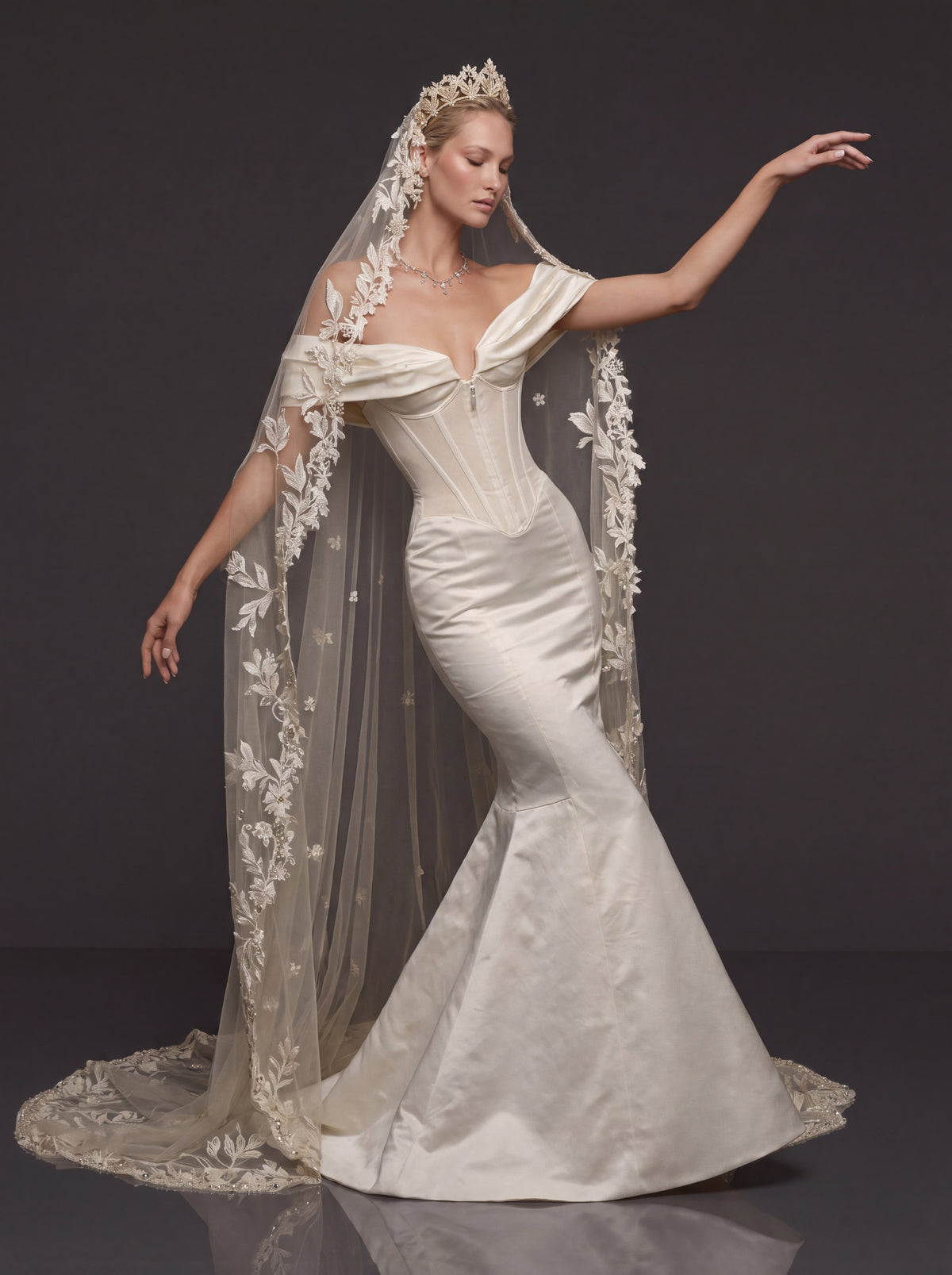 Off-Shoulder Sweetheart Corset & Botanical Lace Cathedral Veil – Sculpted Basque Waist Satin Mermaid Wedding Dress