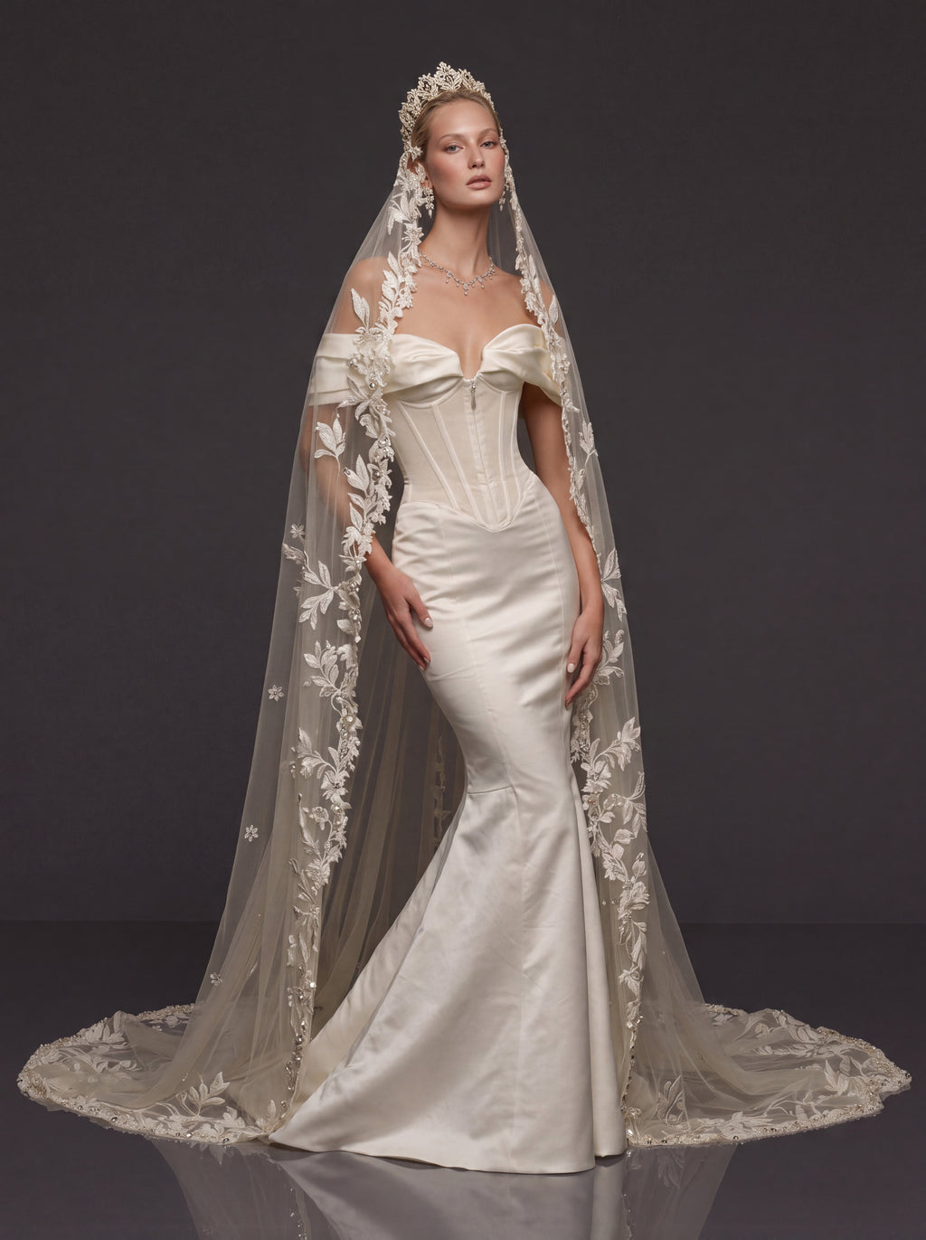 Off-Shoulder Sweetheart Corset & Botanical Lace Cathedral Veil – Sculpted Basque Waist Satin Mermaid Wedding Dress