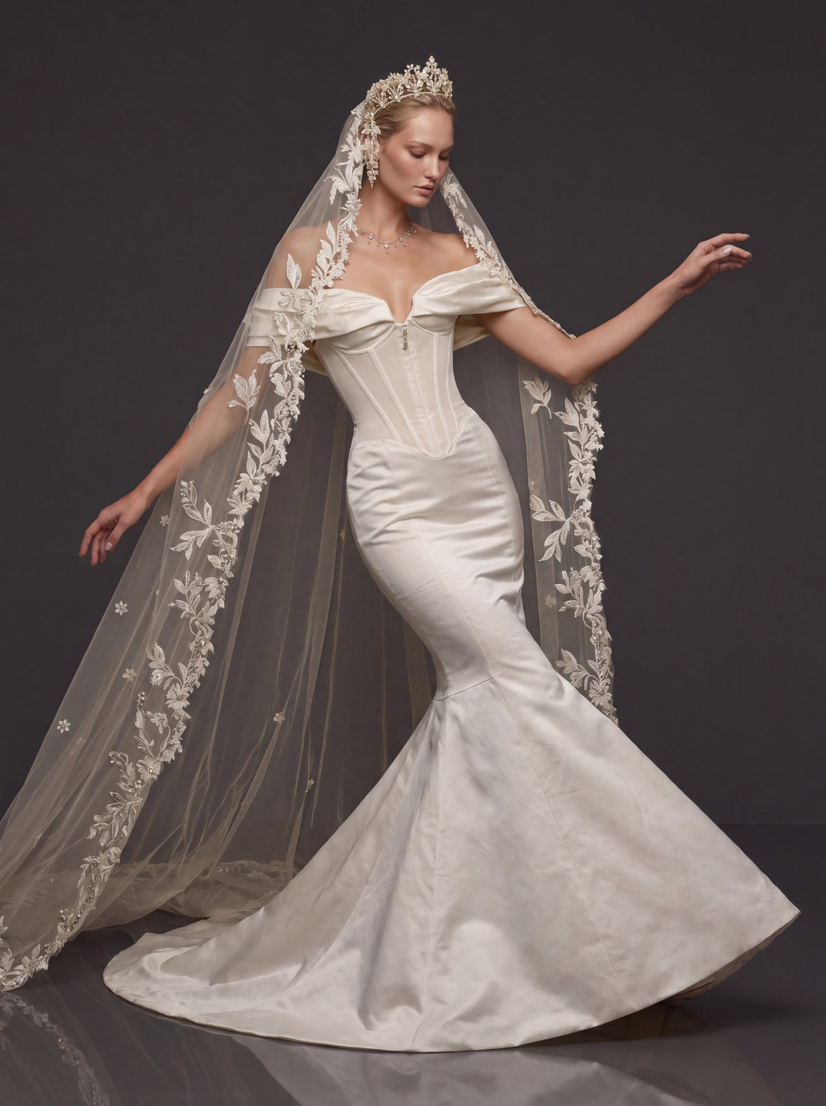 Off-Shoulder Sweetheart Corset & Botanical Lace Cathedral Veil – Sculpted Basque Waist Satin Mermaid Wedding Dress