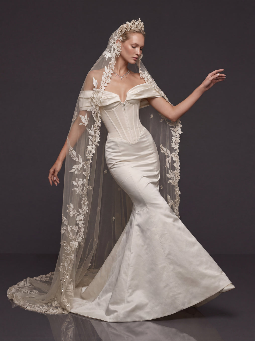 Off-Shoulder Sweetheart Corset & Botanical Lace Cathedral Veil – Sculpted Basque Waist Satin Mermaid Wedding Dress