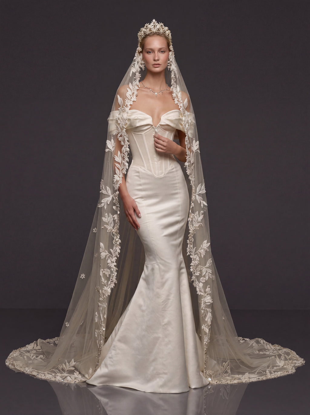 Off-Shoulder Sweetheart Corset & Botanical Lace Cathedral Veil – Sculpted Basque Waist Satin Mermaid Wedding Dress