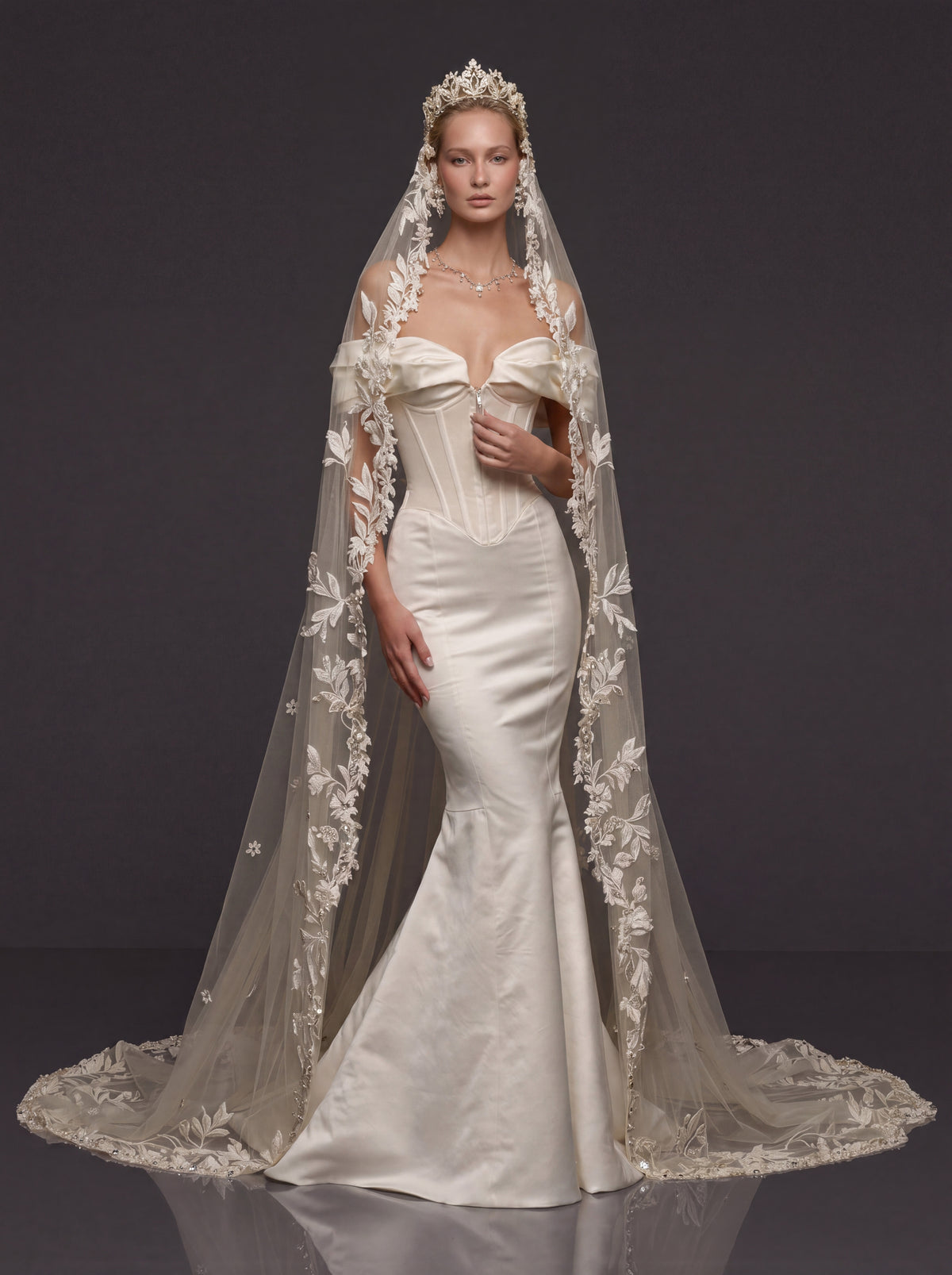 Off-Shoulder Sweetheart Corset & Botanical Lace Cathedral Veil – Sculpted Basque Waist Satin Mermaid Wedding Dress
