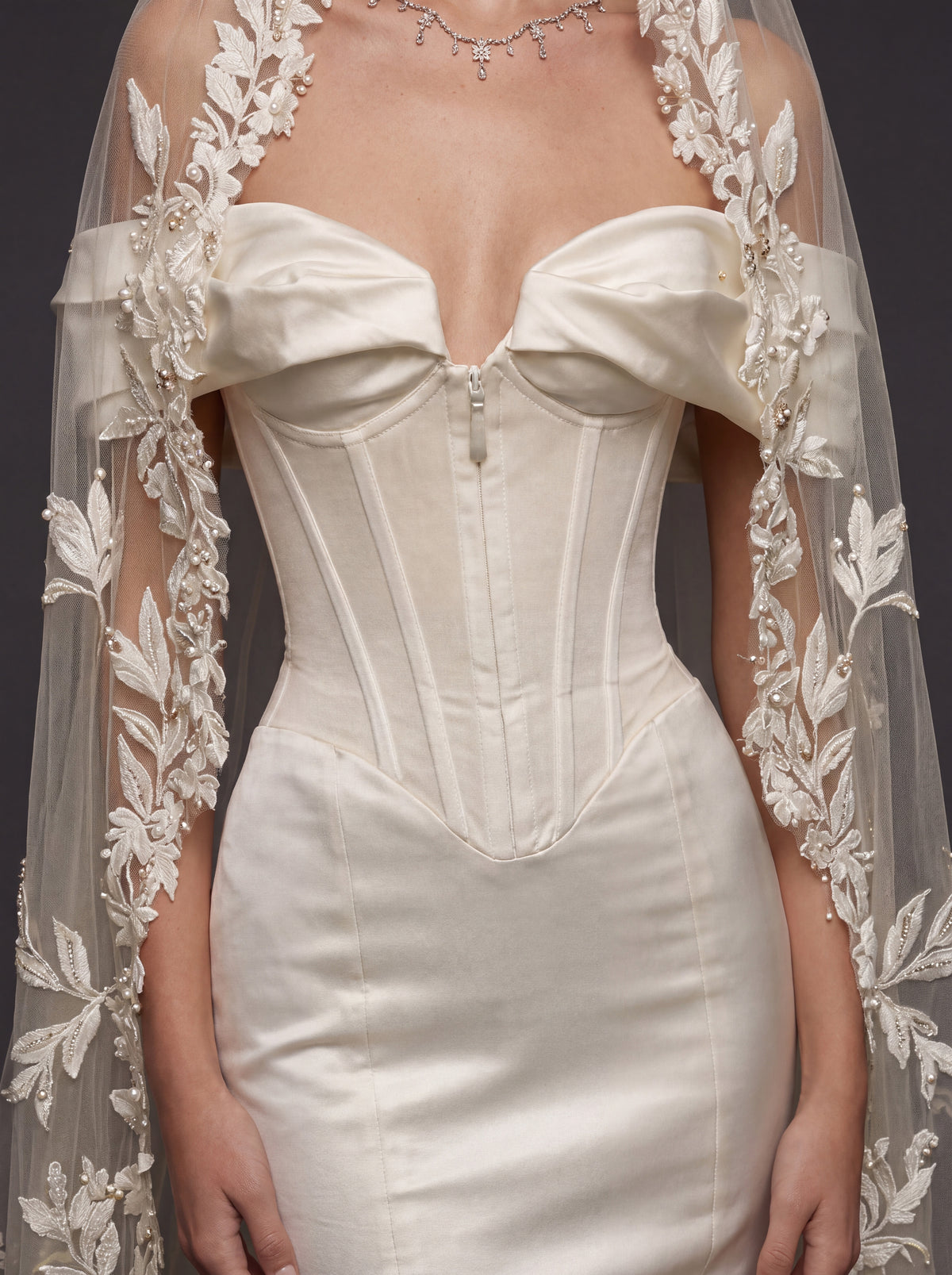 Off-Shoulder Sweetheart Corset & Botanical Lace Cathedral Veil – Sculpted Basque Waist Satin Mermaid Wedding Dress