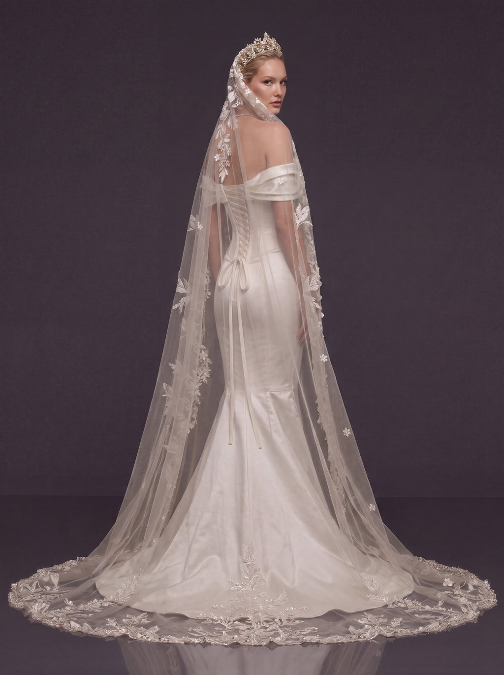 Off-Shoulder Sweetheart Corset & Botanical Lace Cathedral Veil – Sculpted Basque Waist Satin Mermaid Wedding Dress