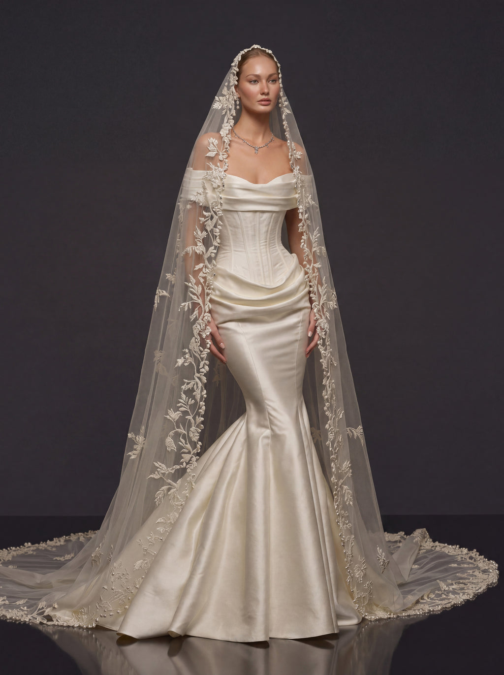 Pearl Ivory Draped Satin Bridal Gown – Sculpted Corset Bodice, Off-Shoulder Neckline & Floral Lace Cathedral Veil