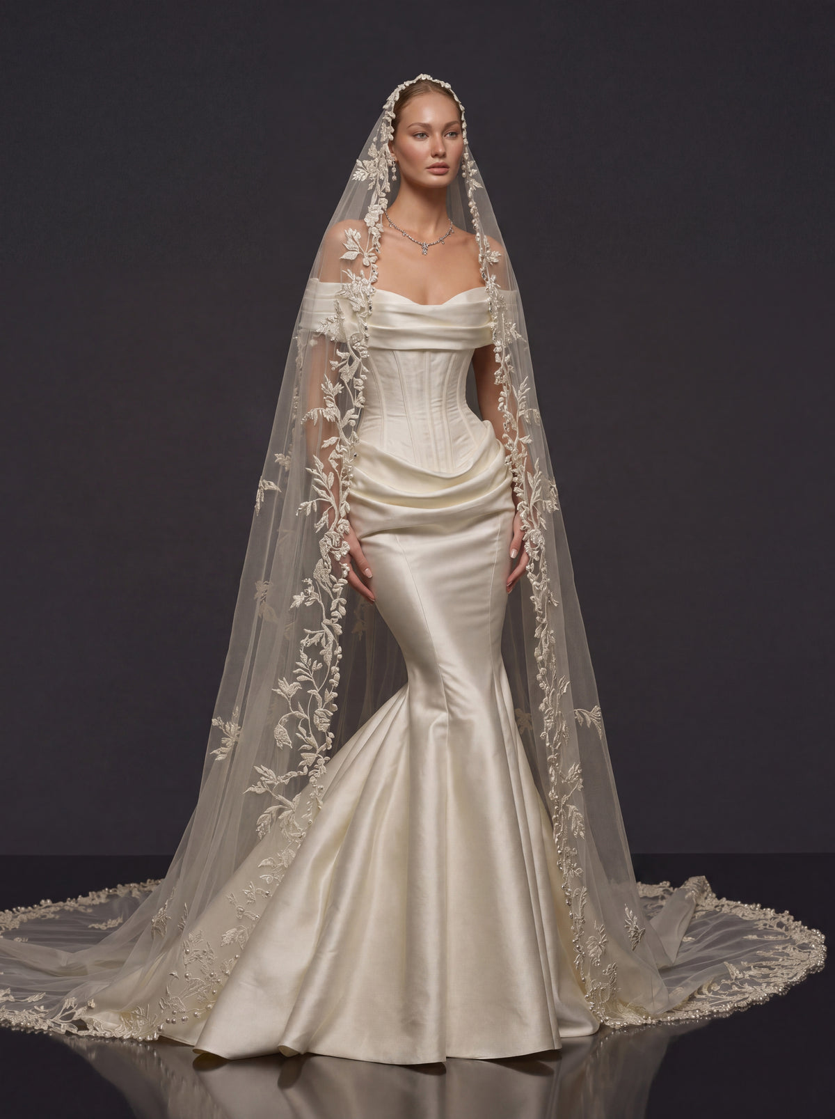 Pearl Ivory Draped Satin Bridal Gown – Sculpted Corset Bodice, Off-Shoulder Neckline & Floral Lace Cathedral Veil