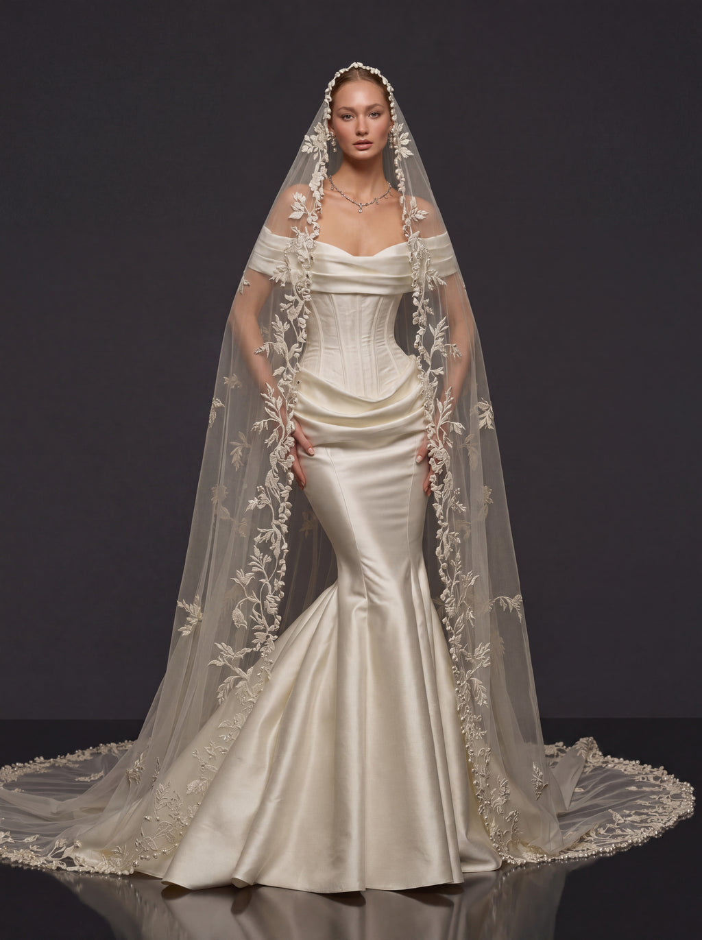 Pearl Ivory Draped Satin Bridal Gown – Sculpted Corset Bodice, Off-Shoulder Neckline & Floral Lace Cathedral Veil