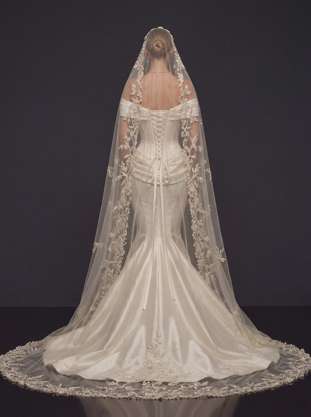 Pearl Ivory Draped Satin Bridal Gown – Sculpted Corset Bodice, Off-Shoulder Neckline & Floral Lace Cathedral Veil