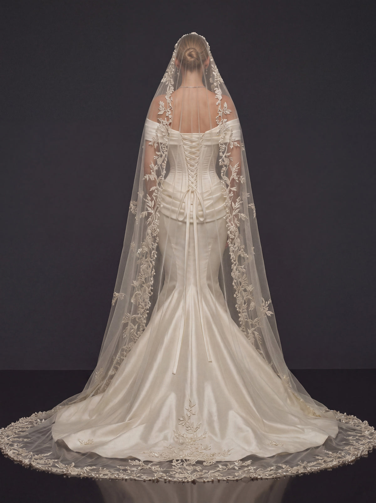 Pearl Ivory Draped Satin Bridal Gown – Sculpted Corset Bodice, Off-Shoulder Neckline & Floral Lace Cathedral Veil