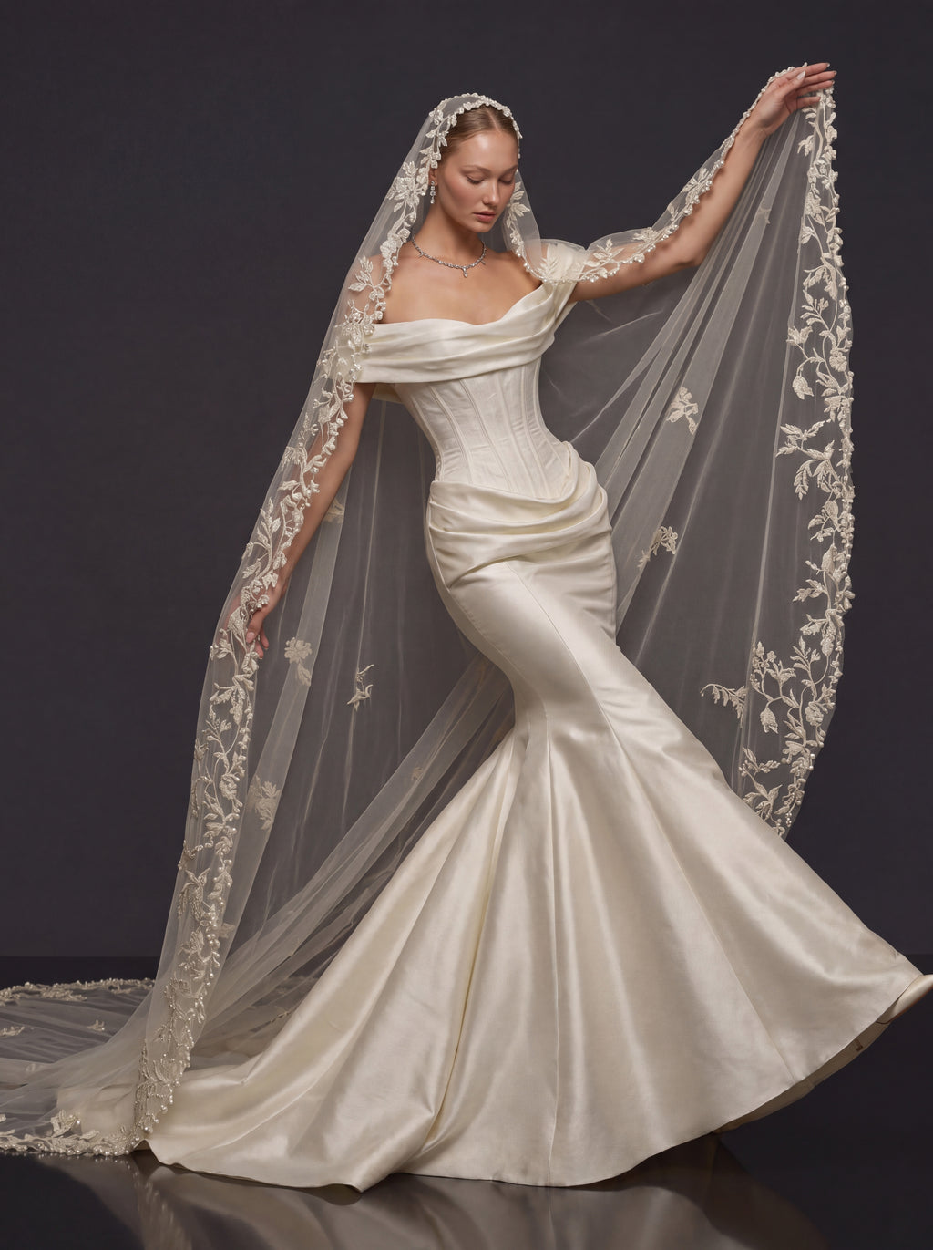Pearl Ivory Draped Satin Bridal Gown – Sculpted Corset Bodice, Off-Shoulder Neckline & Floral Lace Cathedral Veil