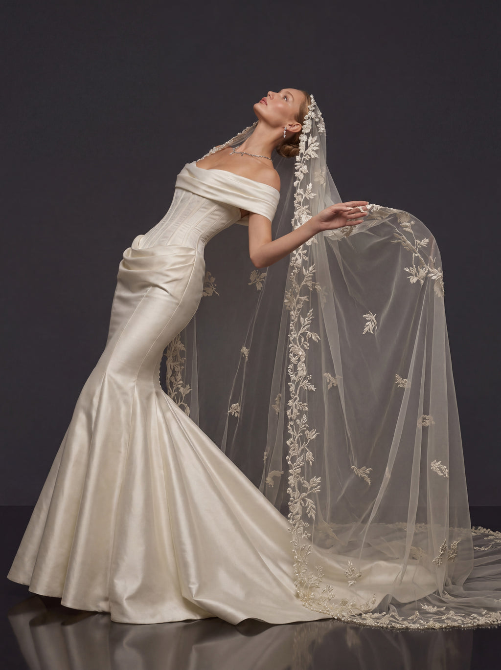 Pearl Ivory Draped Satin Bridal Gown – Sculpted Corset Bodice, Off-Shoulder Neckline & Floral Lace Cathedral Veil
