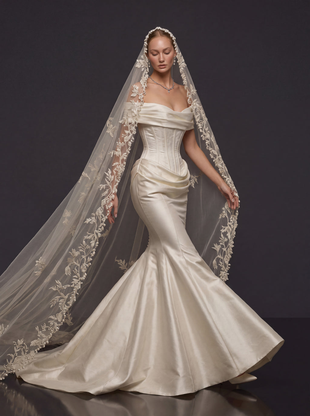 Pearl Ivory Draped Satin Bridal Gown – Sculpted Corset Bodice, Off-Shoulder Neckline & Floral Lace Cathedral Veil