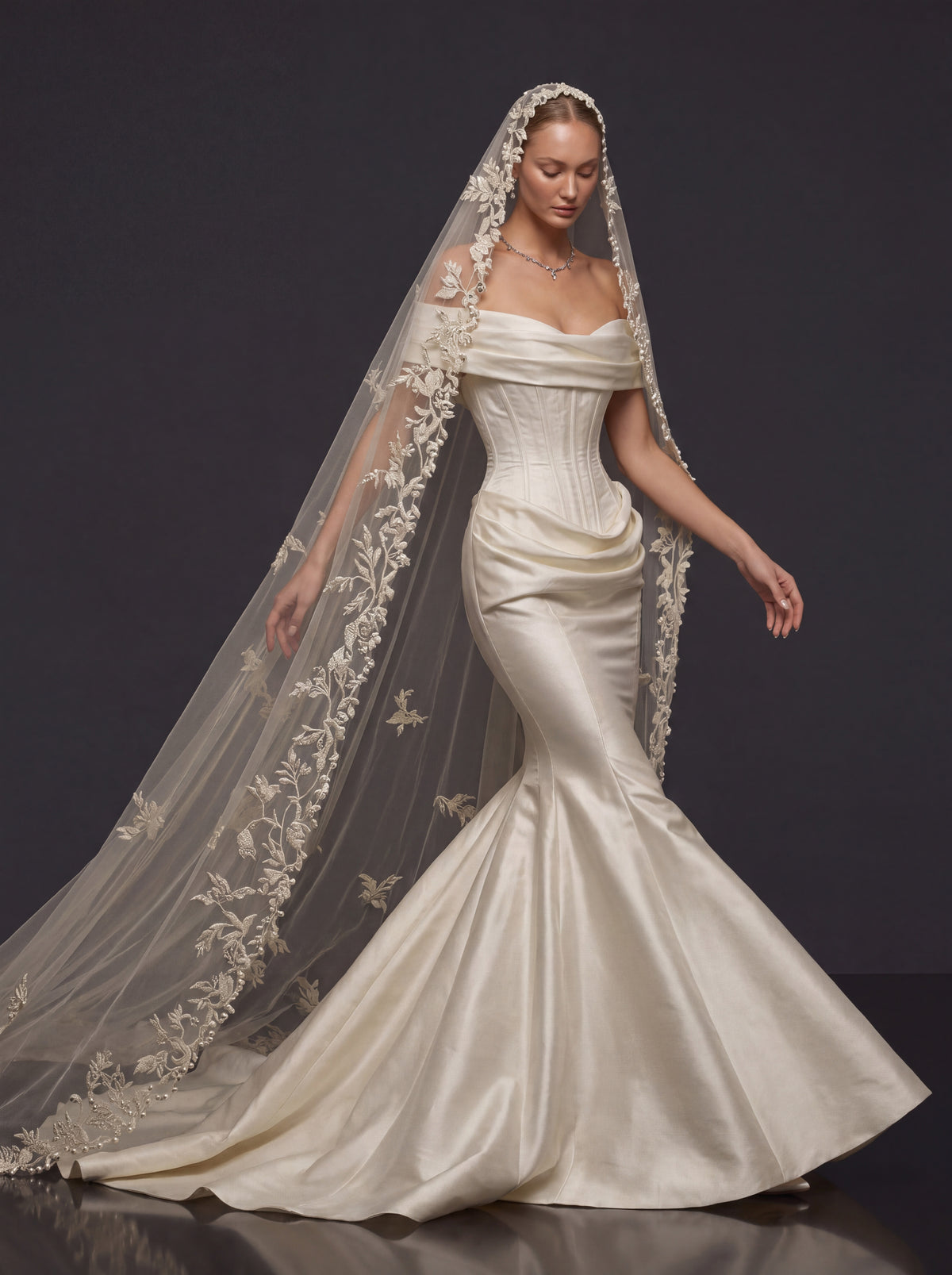 Pearl Ivory Draped Satin Bridal Gown – Sculpted Corset Bodice, Off-Shoulder Neckline & Floral Lace Cathedral Veil