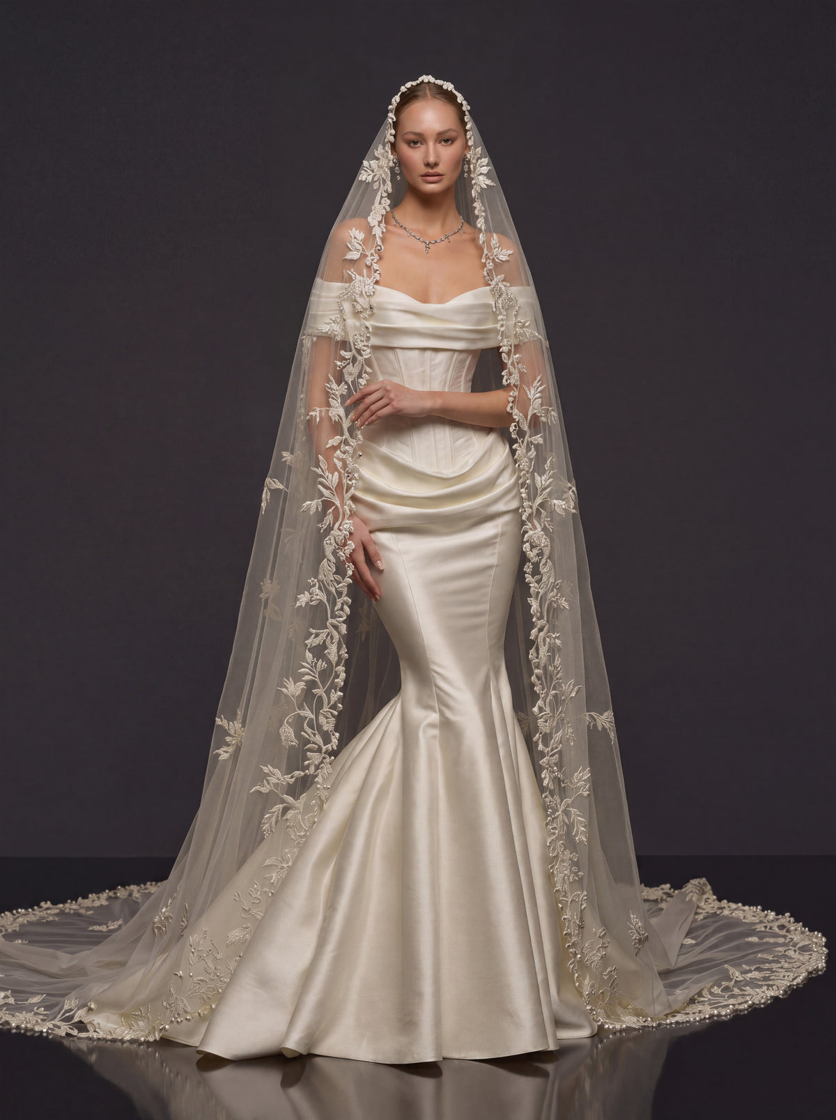 Pearl Ivory Draped Satin Bridal Gown – Sculpted Corset Bodice, Off-Shoulder Neckline & Floral Lace Cathedral Veil