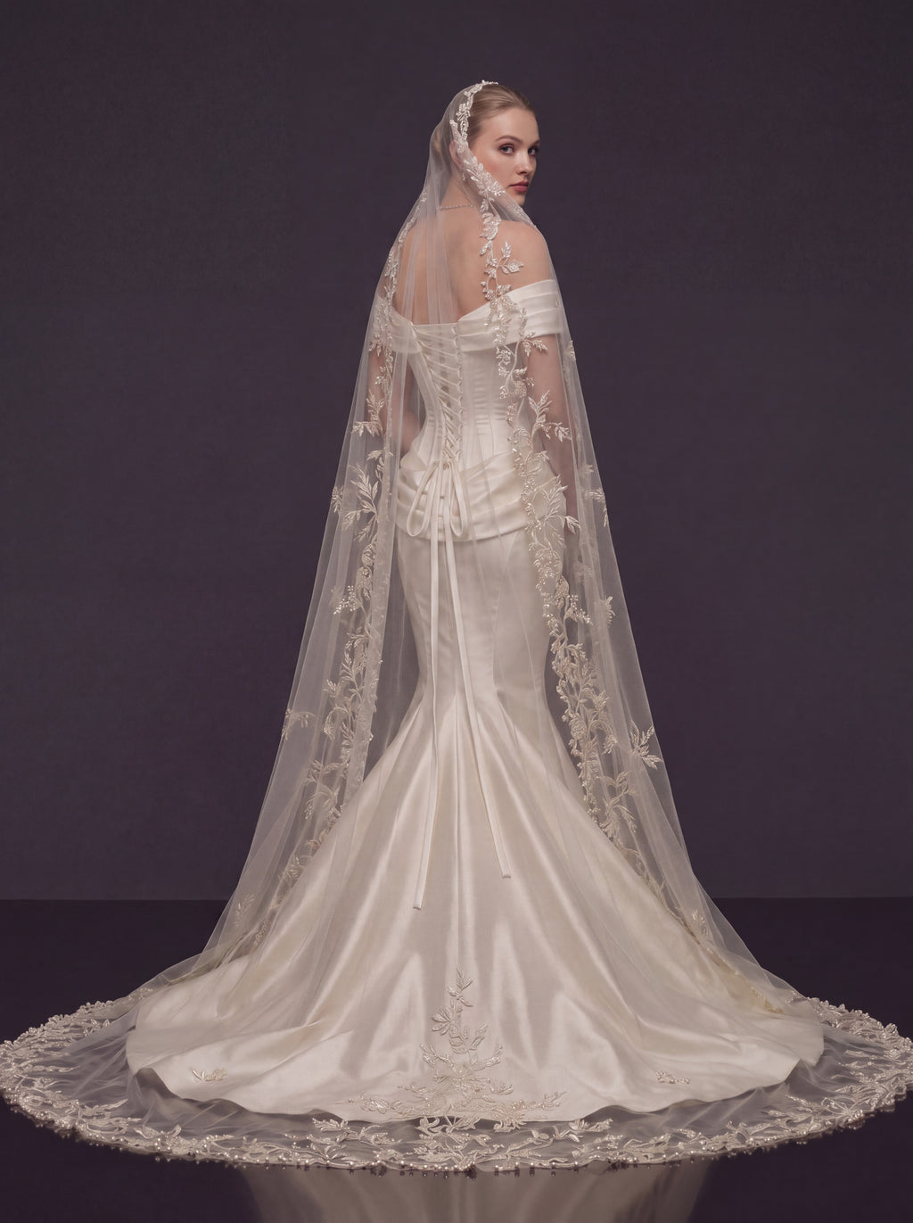 Pearl Ivory Draped Satin Bridal Gown – Sculpted Corset Bodice, Off-Shoulder Neckline & Floral Lace Cathedral Veil