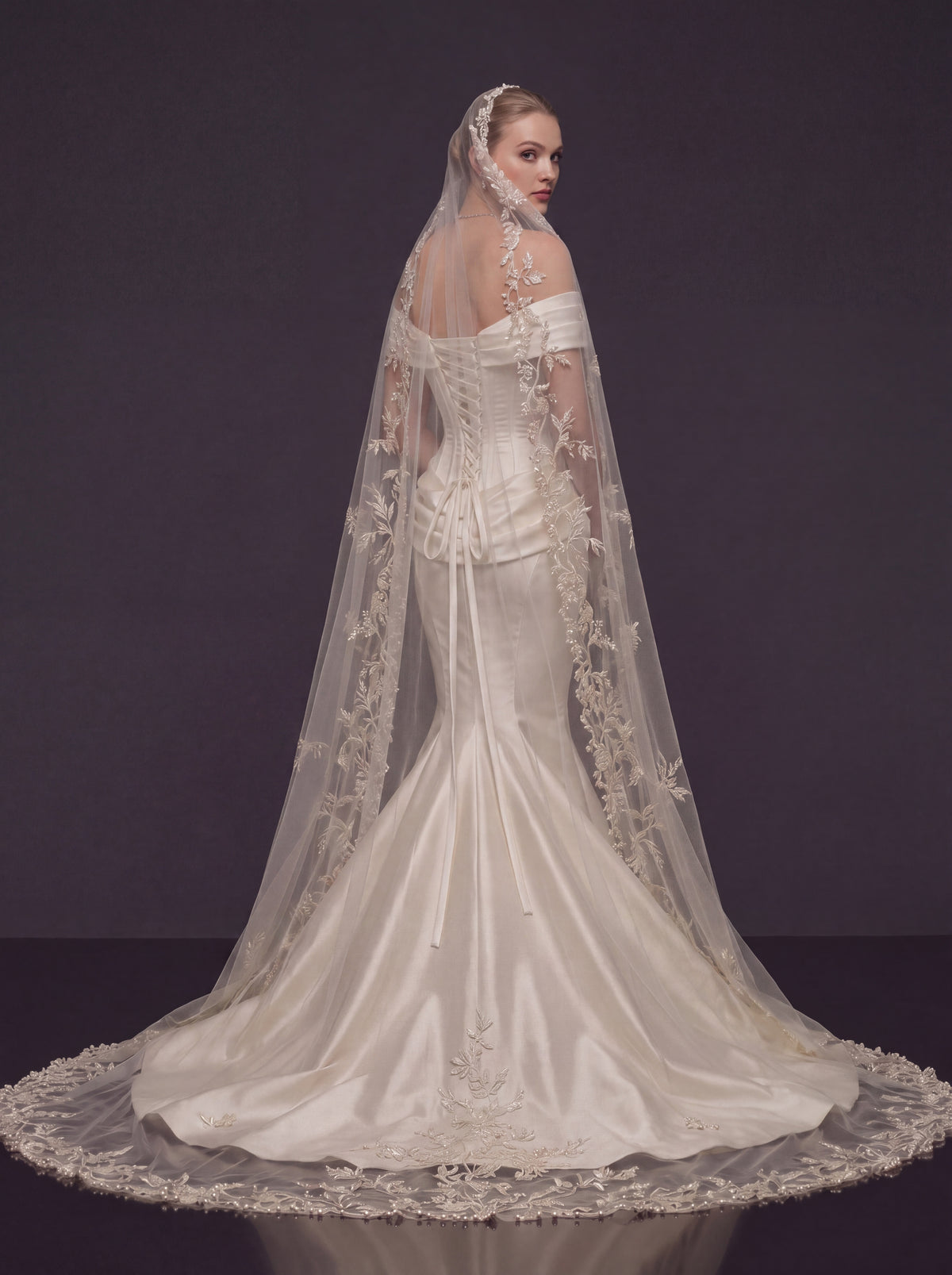 Pearl Ivory Draped Satin Bridal Gown – Sculpted Corset Bodice, Off-Shoulder Neckline & Floral Lace Cathedral Veil
