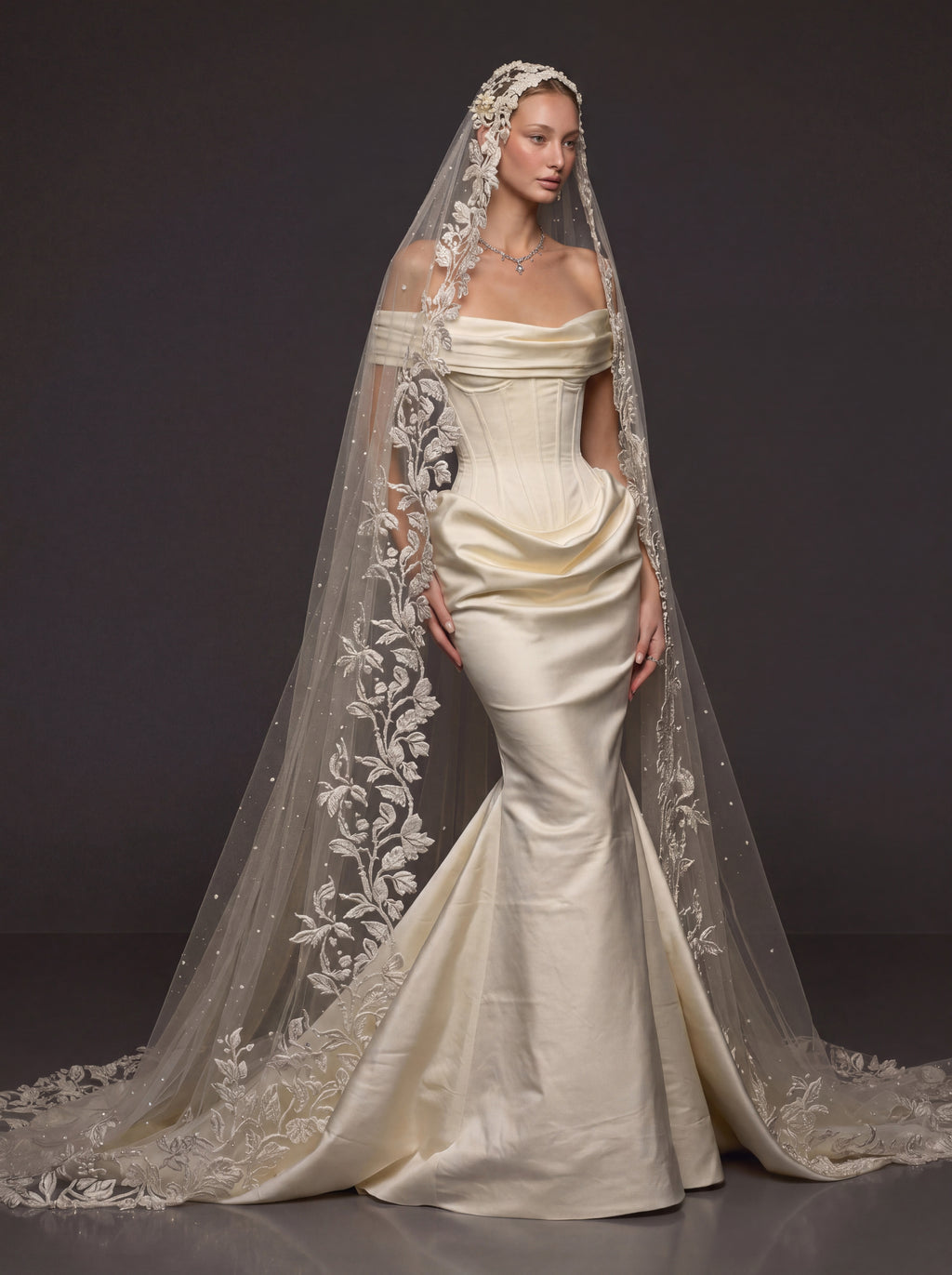 Champagne Ivory Sculpted Satin Mermaid Wedding Gown – Draped Off-Shoulder Neckline, Basque Waist Corset & Pearl Floral Cathedral Veil