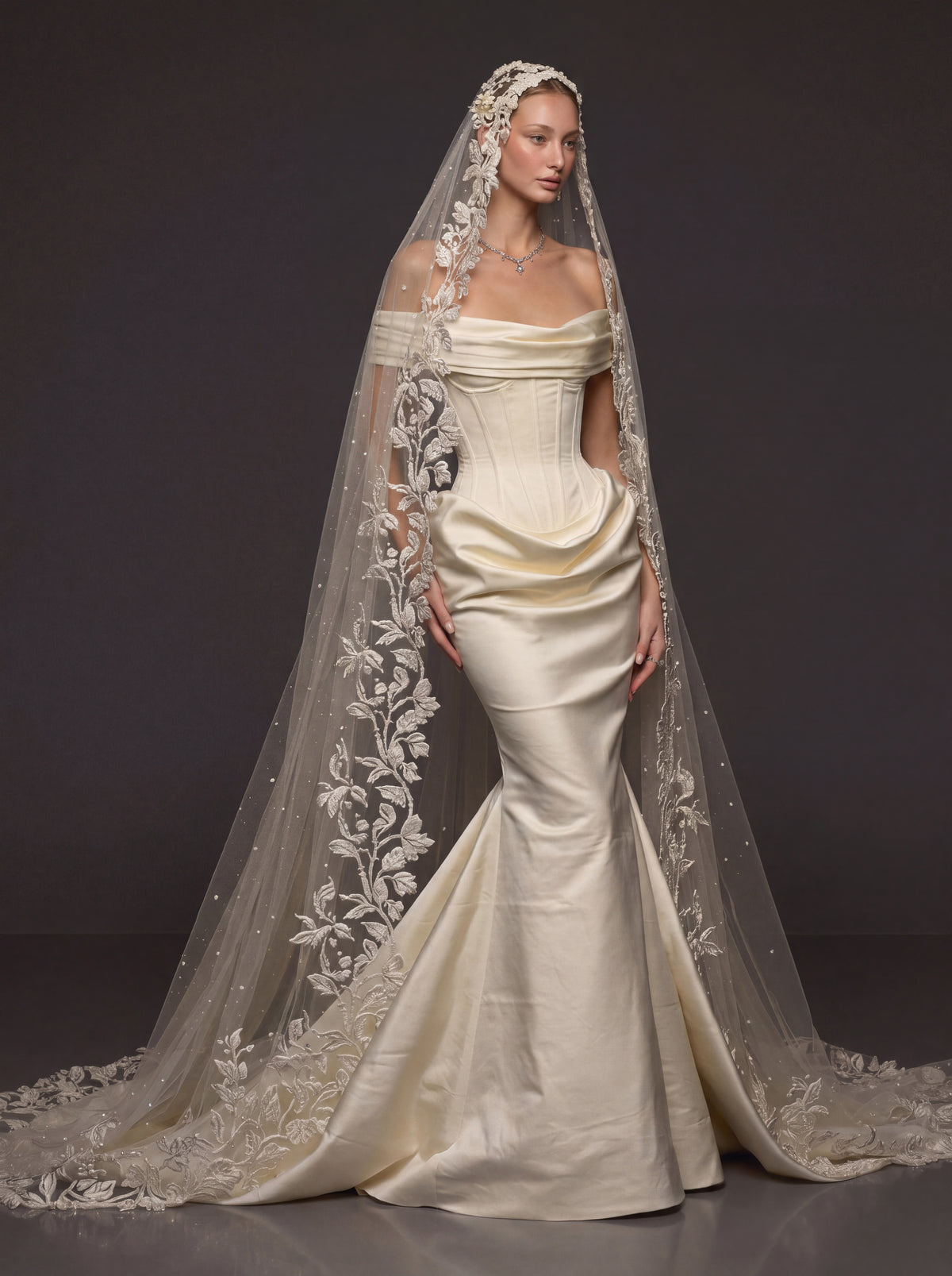 Champagne Ivory Sculpted Satin Mermaid Wedding Gown – Draped Off-Shoulder Neckline, Basque Waist Corset & Pearl Floral Cathedral Veil