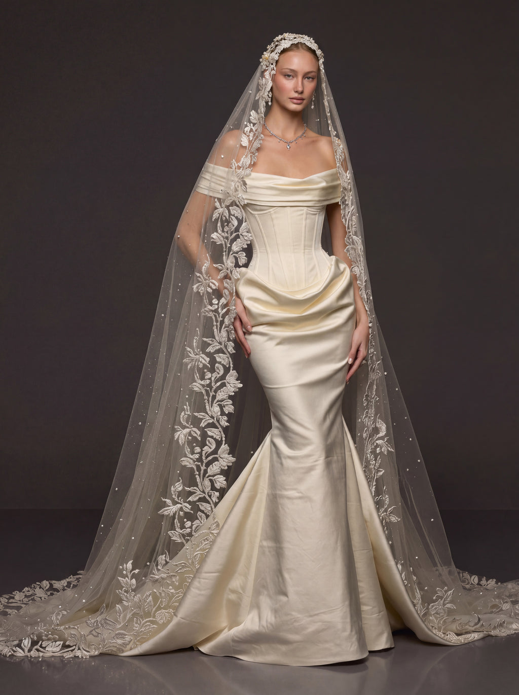 Champagne Ivory Sculpted Satin Mermaid Wedding Gown – Draped Off-Shoulder Neckline, Basque Waist Corset & Pearl Floral Cathedral Veil