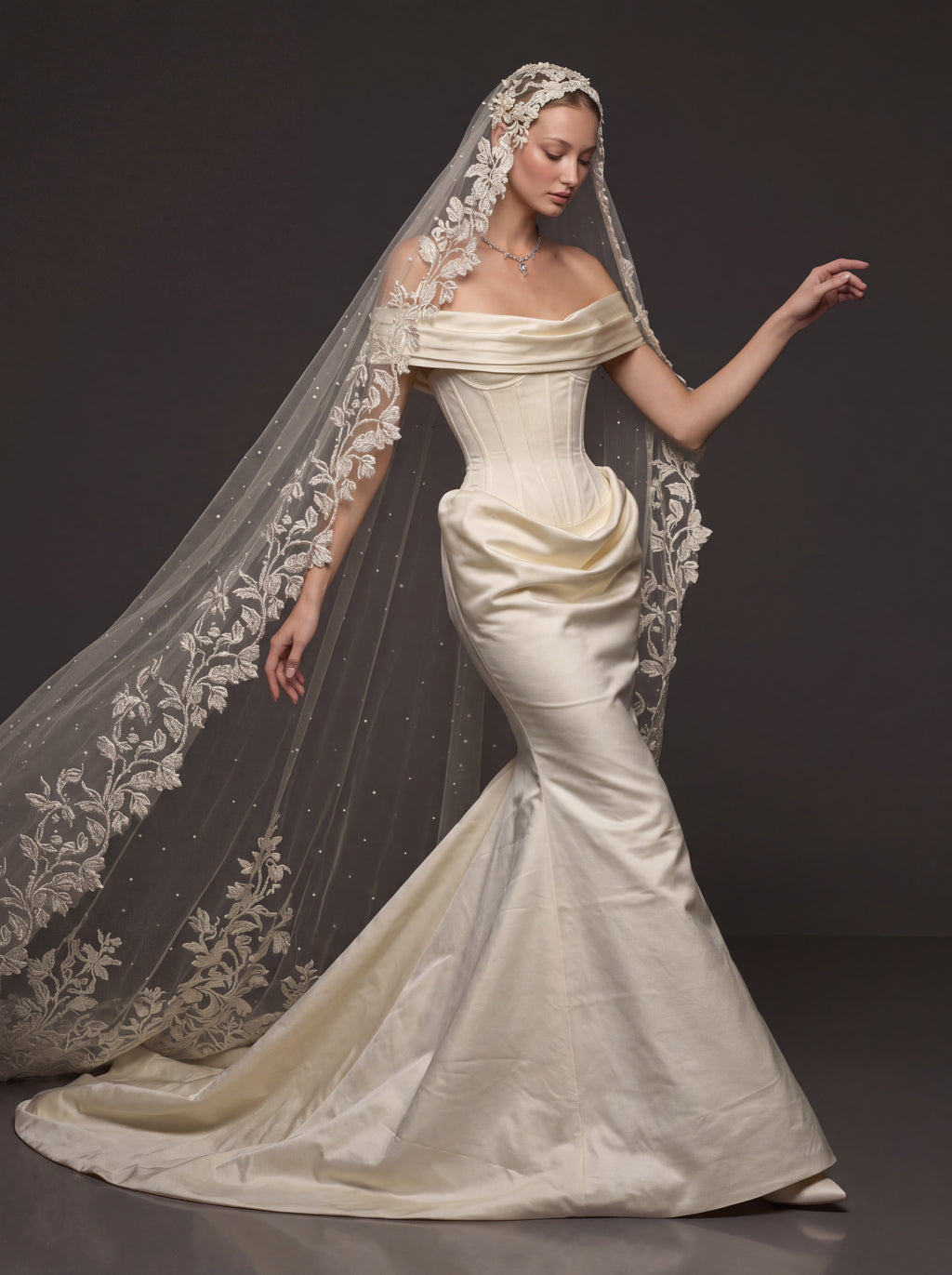 Champagne Ivory Sculpted Satin Mermaid Wedding Gown – Draped Off-Shoulder Neckline, Basque Waist Corset & Pearl Floral Cathedral Veil