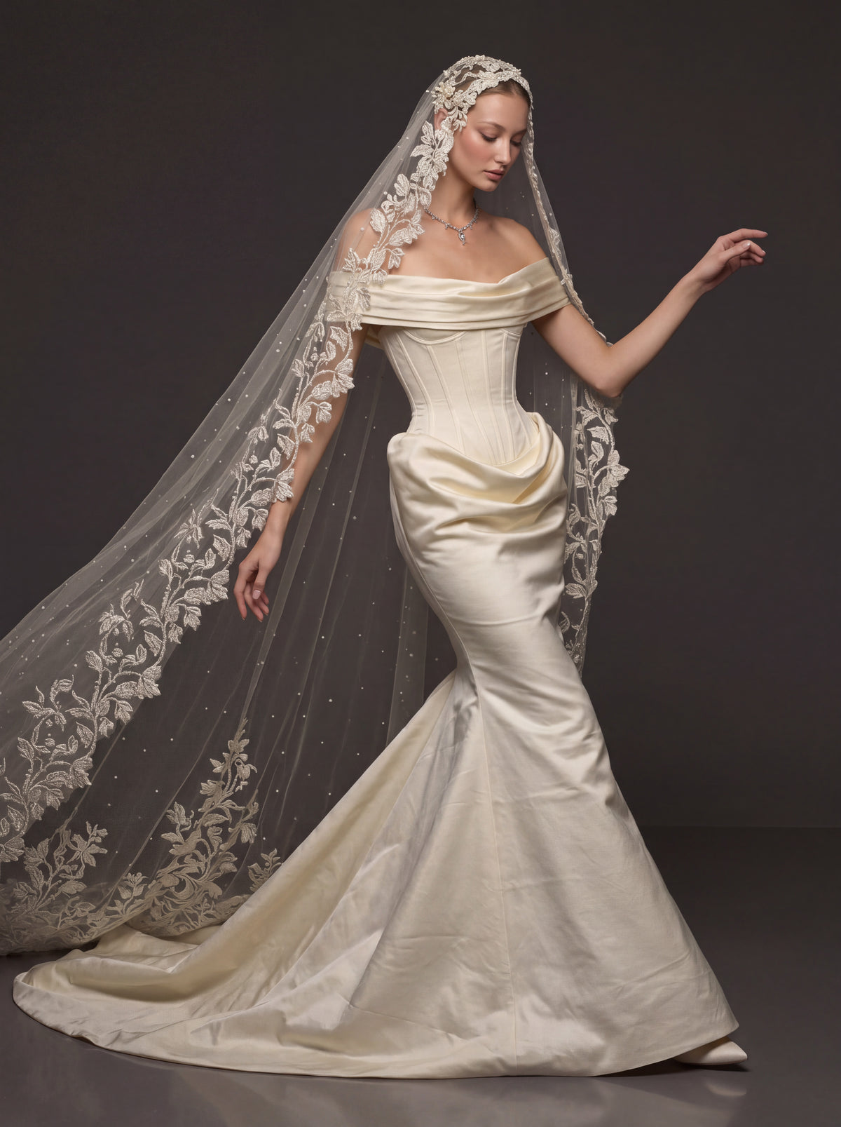 Champagne Ivory Sculpted Satin Mermaid Wedding Gown – Draped Off-Shoulder Neckline, Basque Waist Corset & Pearl Floral Cathedral Veil